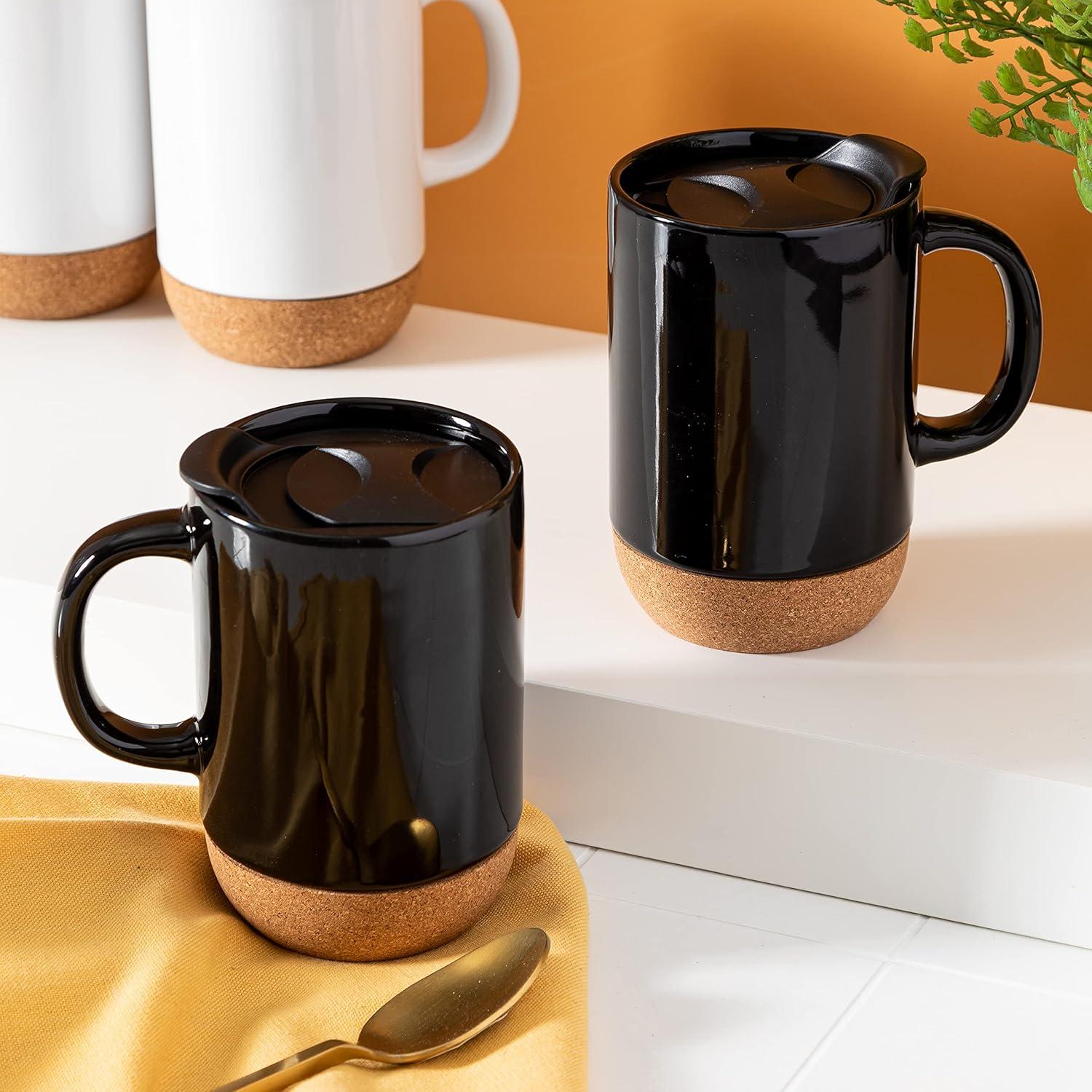 Gibson Home Modani 2 Pack Large 16.5 OZ Ceramic Mugs Set With Removable Cork Bottom And Lid - Black