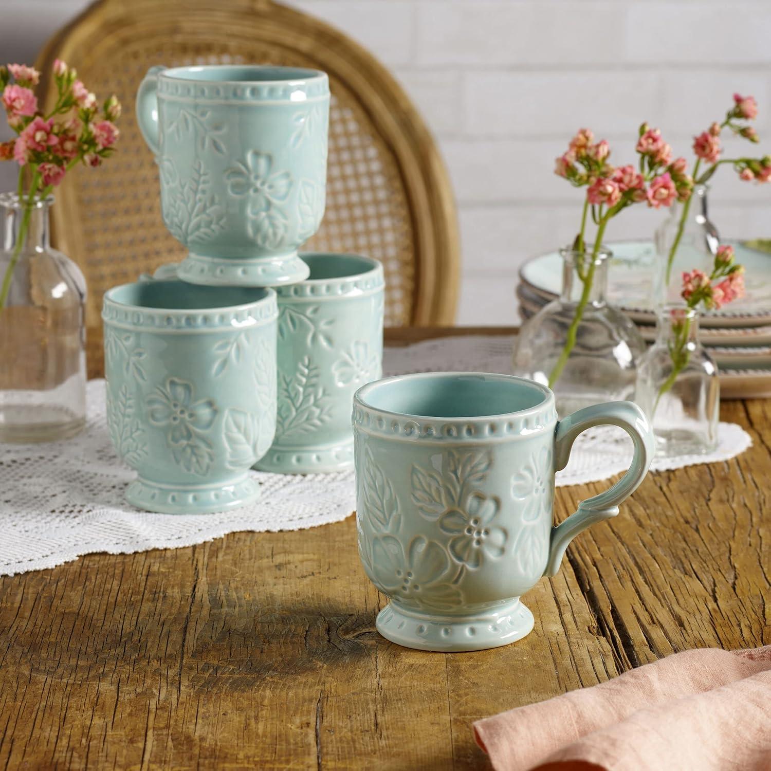 Blue Ceramic Floral Etched 12 Oz Mug Set of Four