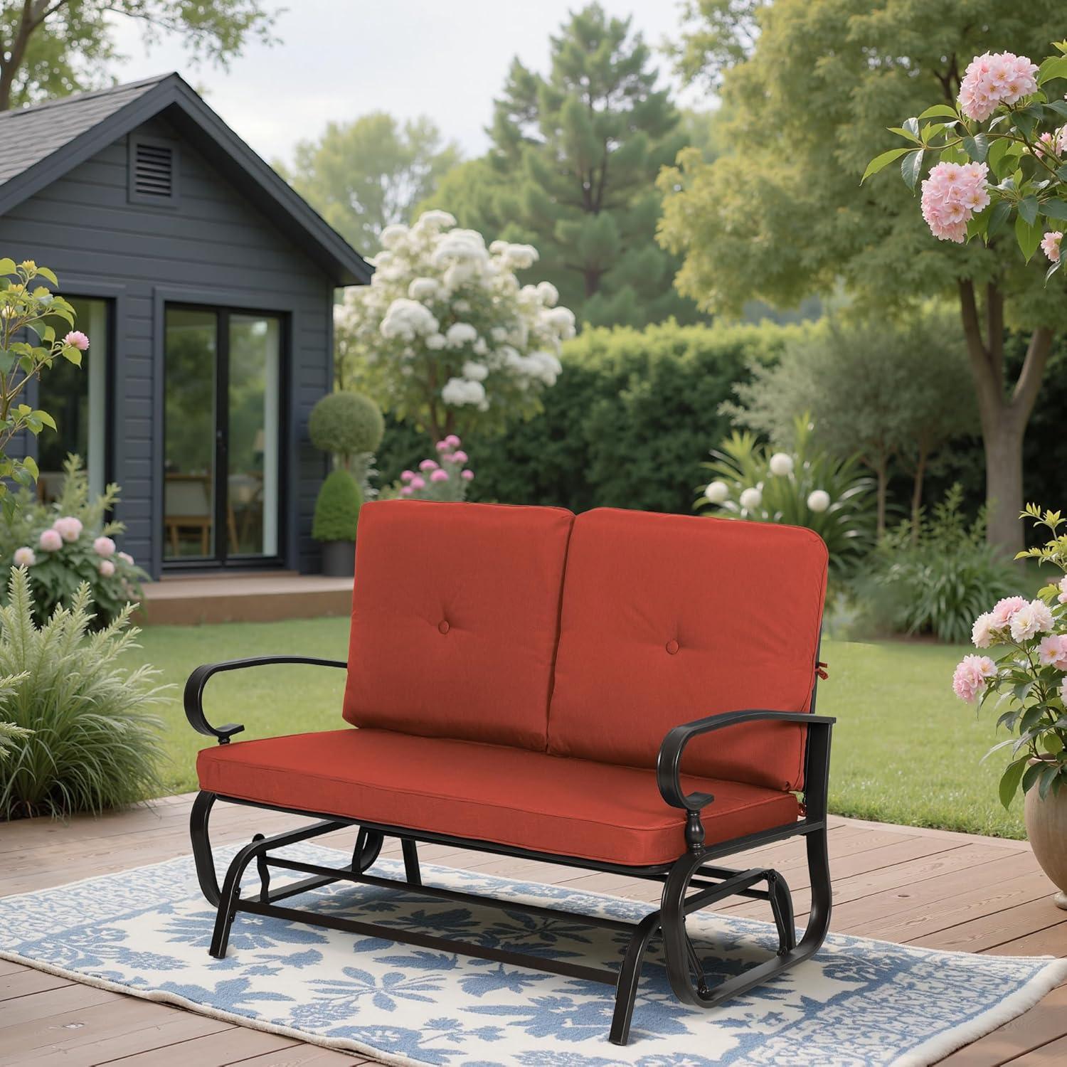 Outdoor Loveseat Patio Glider Rocking Bench 2 Seats Wrought Iron Chair Set with Red Cushion