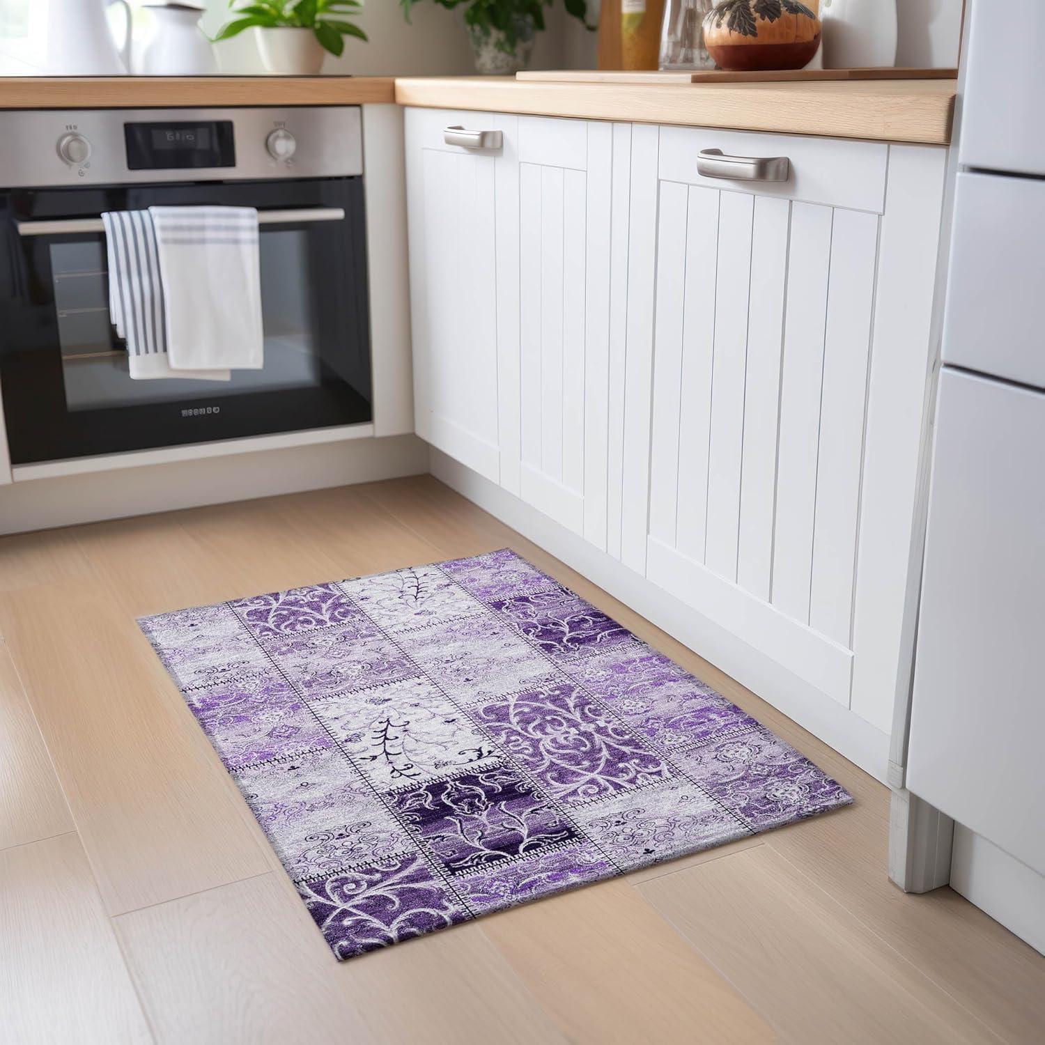 Purple Rectangular Synthetic Flat Woven Washable Rug