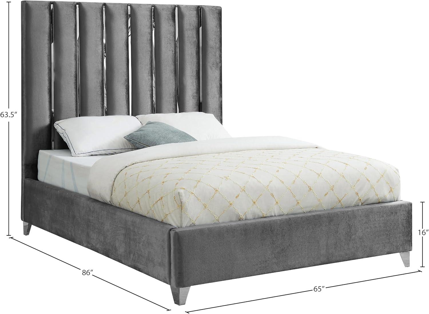 Grey Velvet Upholstered Queen Bed with Tufted Headboard