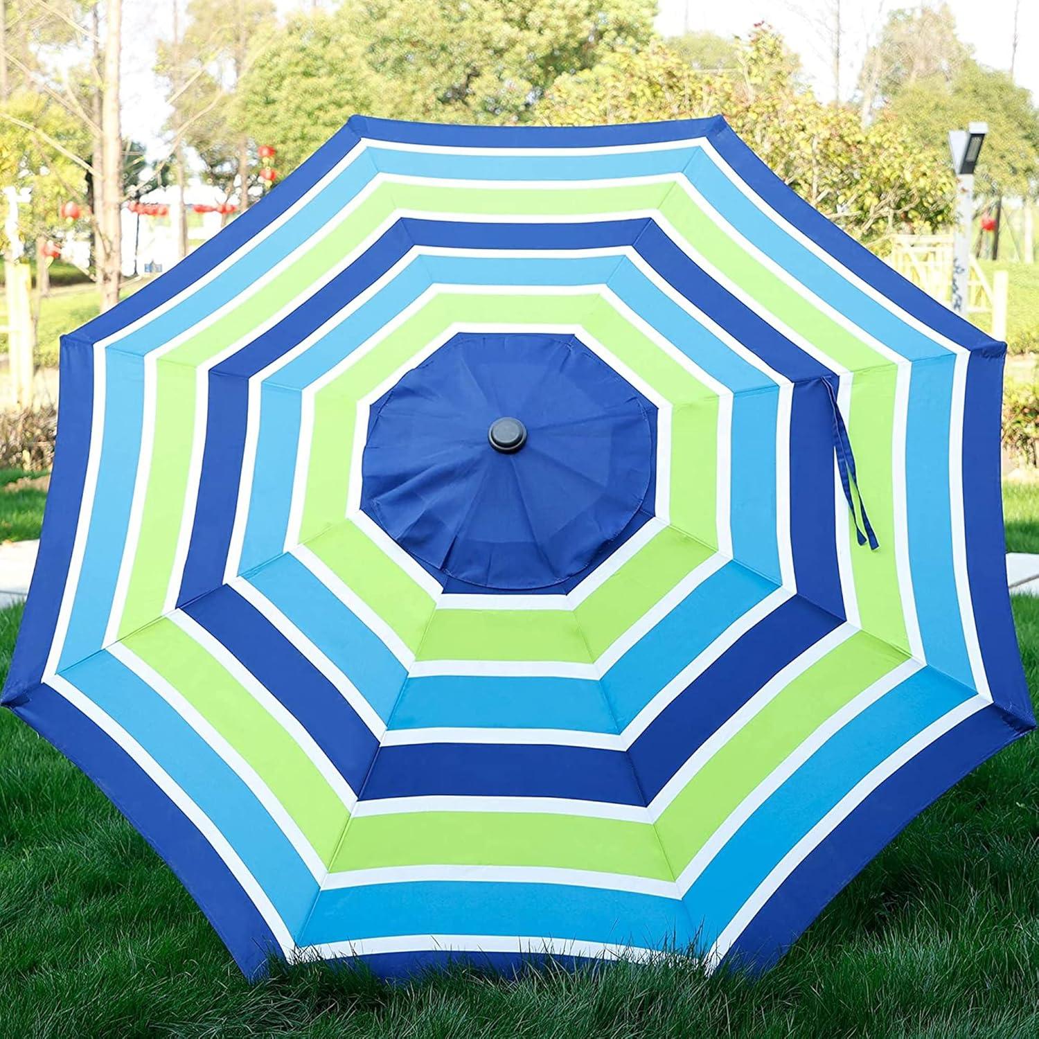 9 ft. Blue and Green Striped Outdoor Patio Umbrella with Tilt and Crank