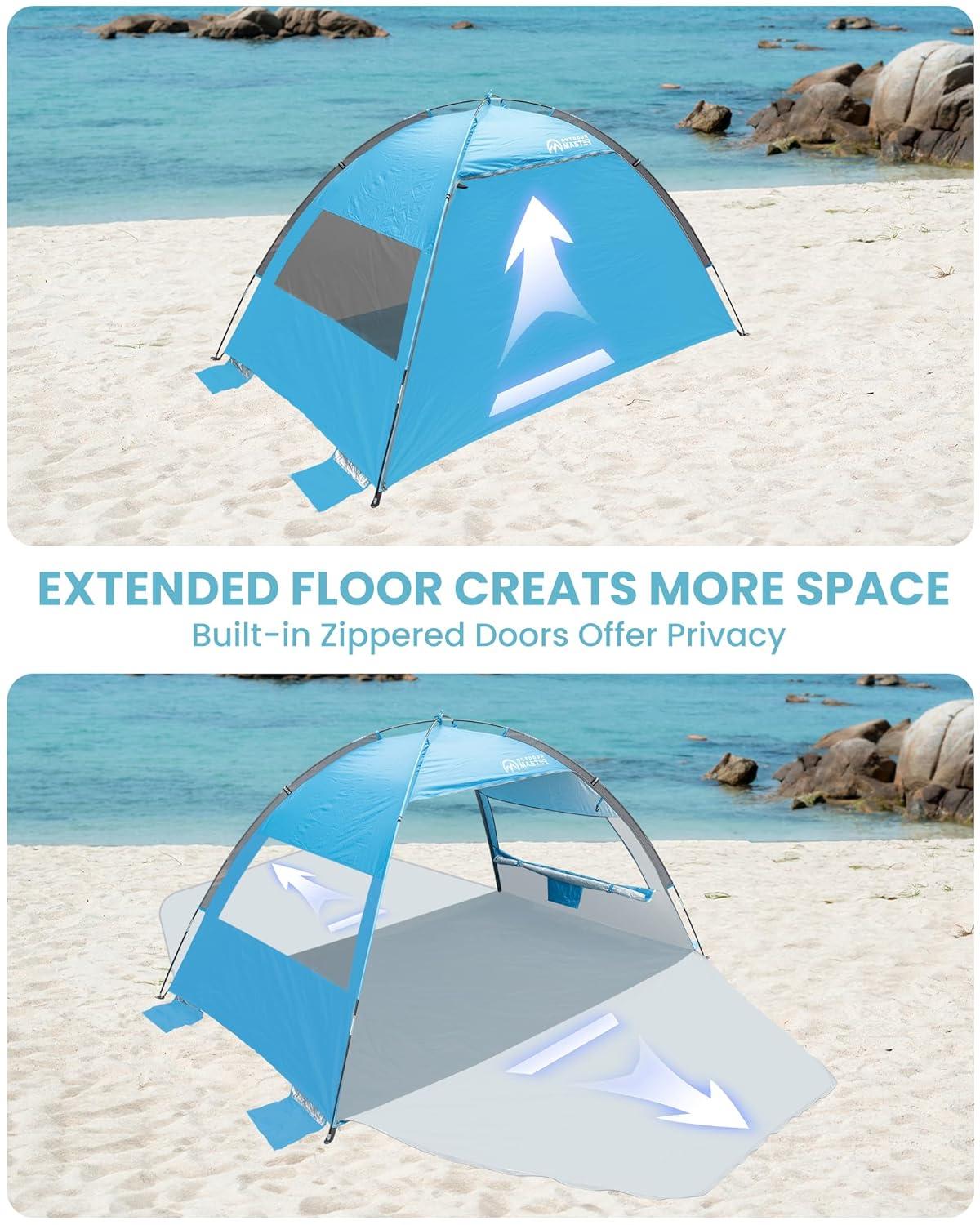 OutdoorMaster Beach Tent Sun Shelter with 2 Ventilated Doors, UPF50+ Easy Setup Beach Tent Canopy for 3 Person, Lightweight & Portable Family Beach Umbrellas for Sand with Carrying Bag - Blue