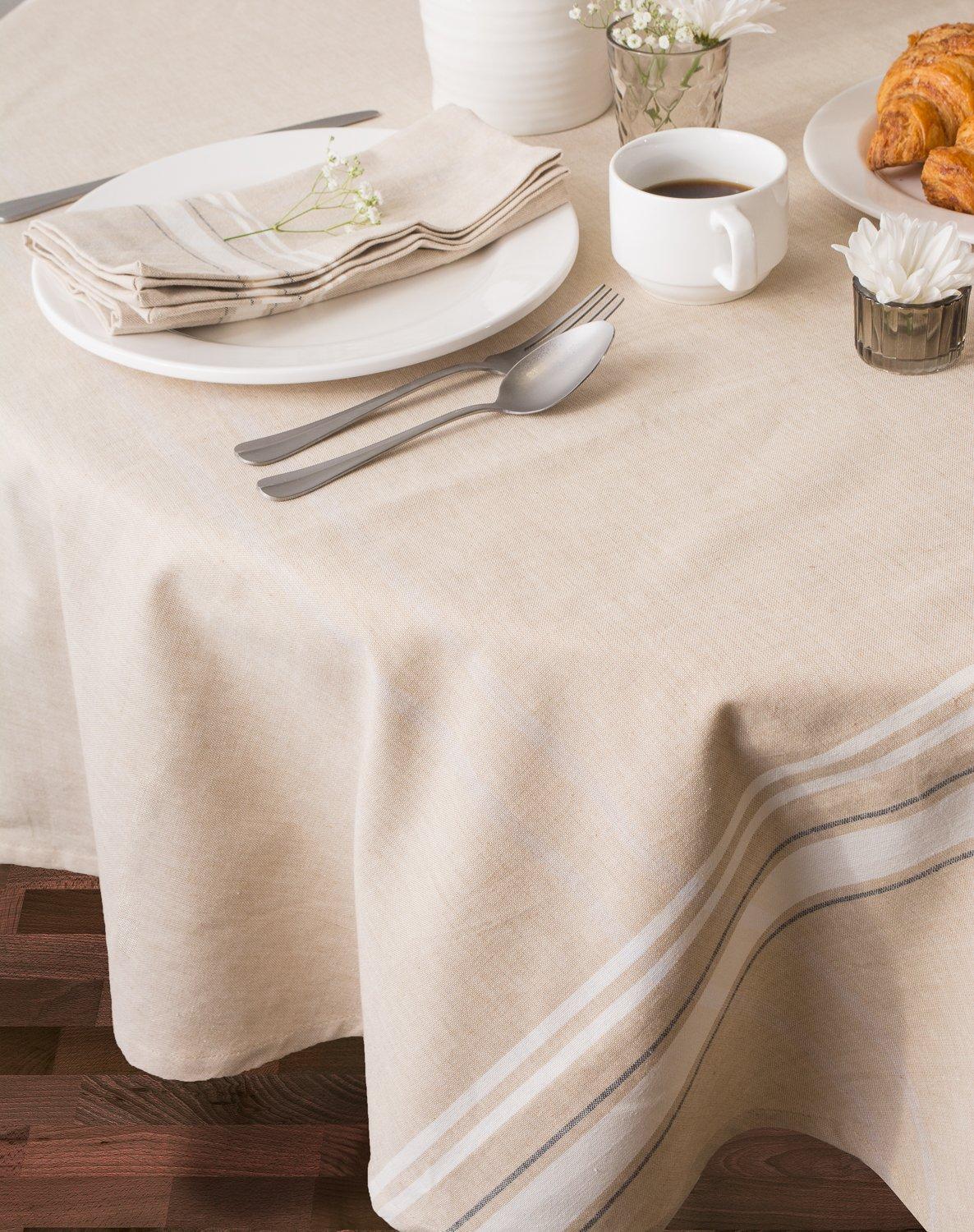 Greige and White Cotton Round Tablecloth, 70 Inches