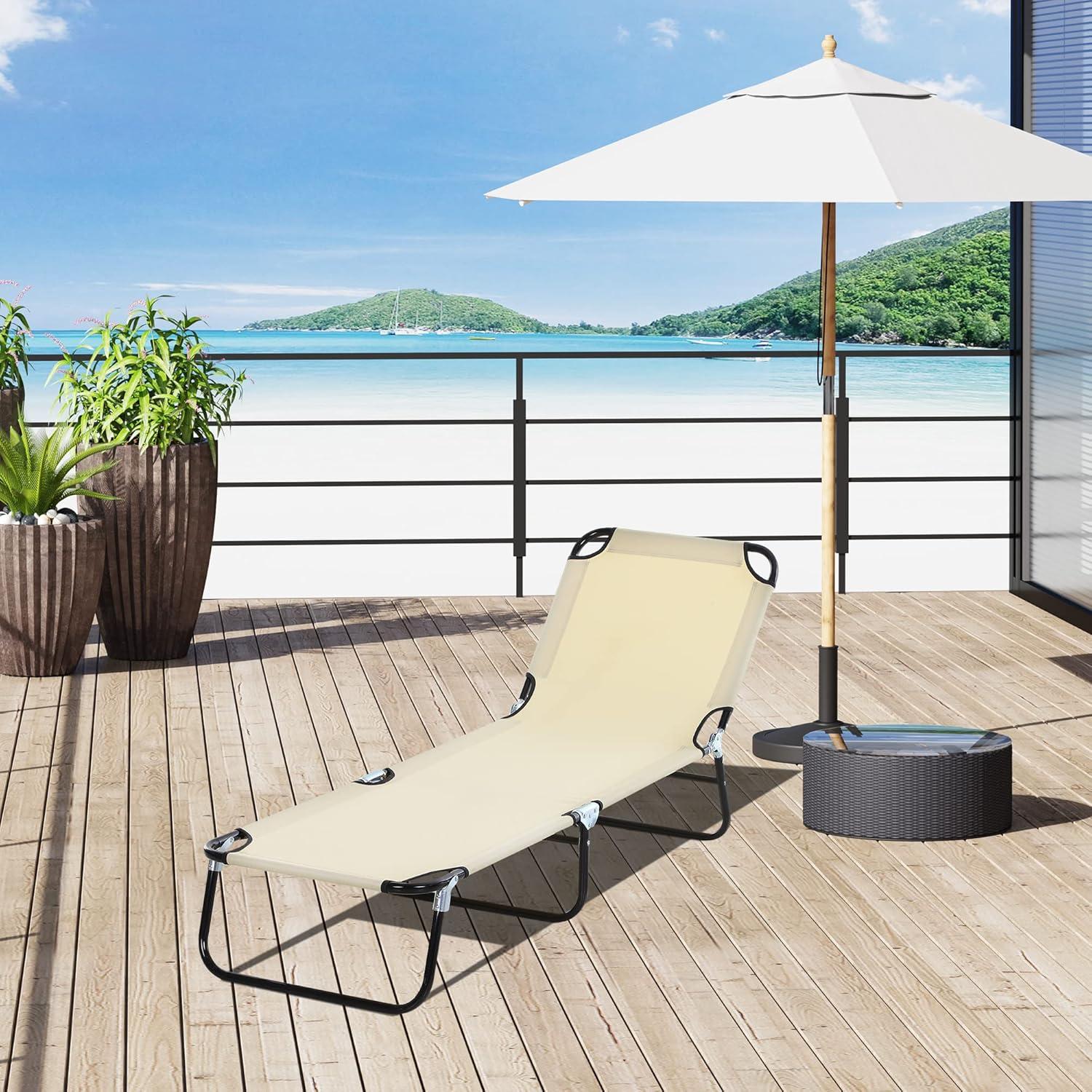 Outsunny Foldable Outdoor Chaise Lounge Chair, 5-Level Reclining Camping Tanning Chair with Strong Oxford Fabric for Beach, Yard, Patio, Pool, Beige