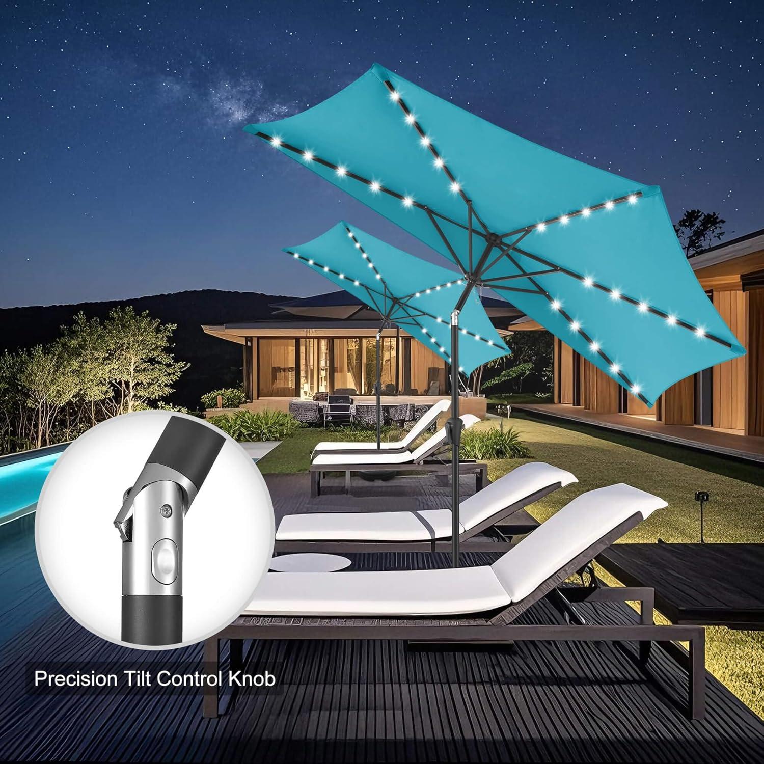 FLAME&SHADE 9 ft Half Round Solar Powered Outdoor Market Patio Table Umbrella for Wall Balcony with LED Lights and Tilt, Aqua Blue