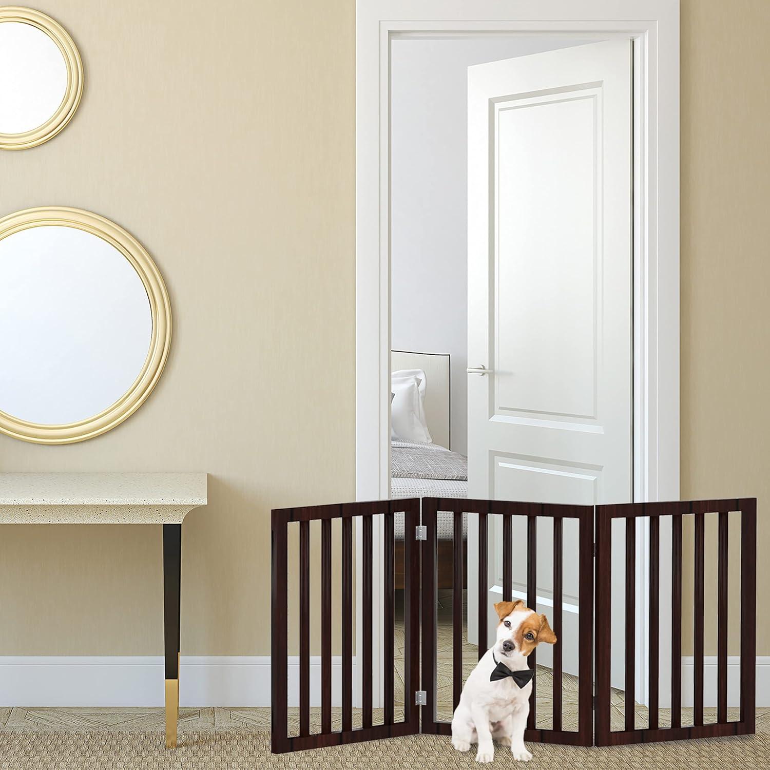 Brown 3-Panel Folding Wooden Pet Gate for Doorways and Stairs