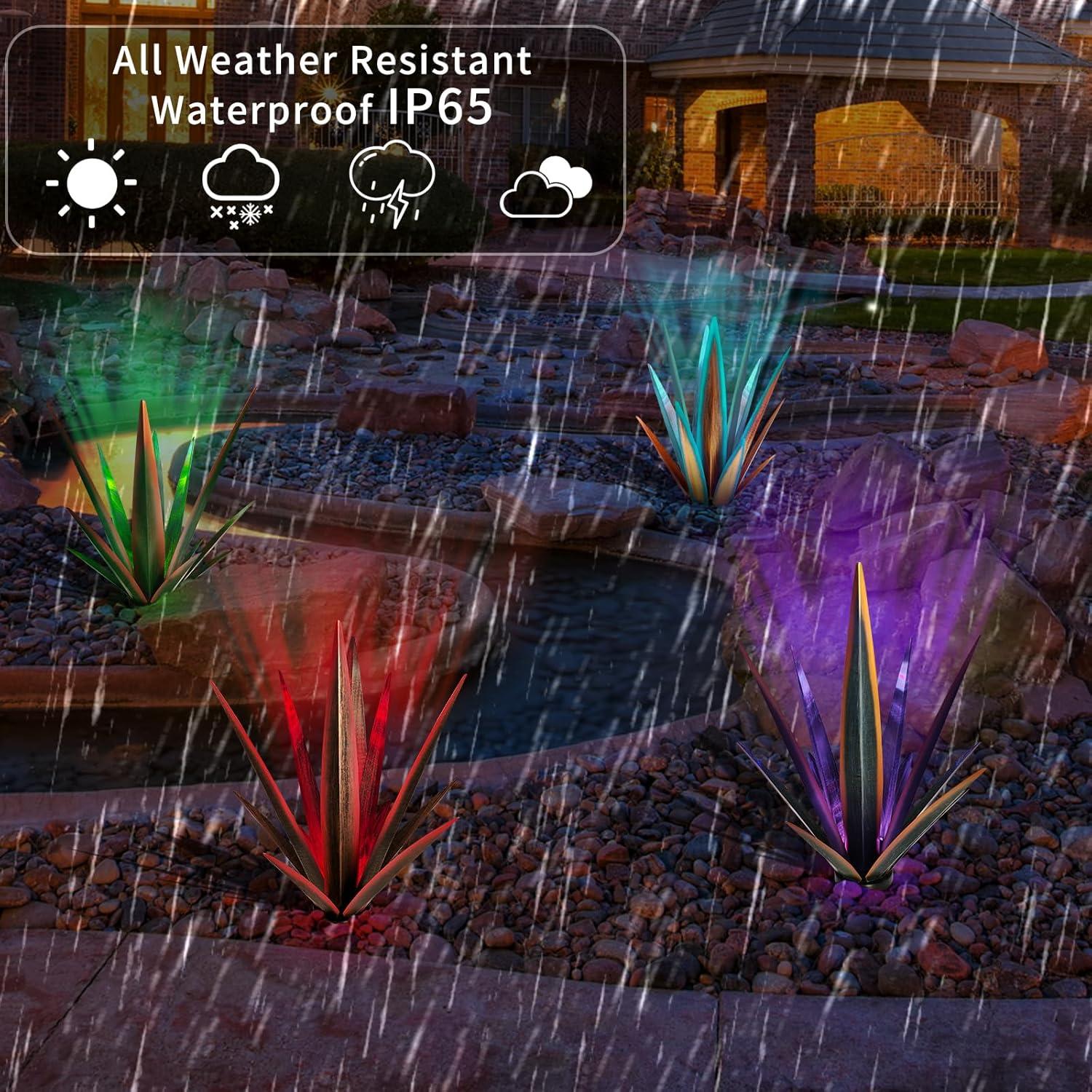 Large Tequila Rustic Sculpture, Rustic Metal Agave Plants for Outdoor Patio Yard, Home Decor Hand Painted Metal Agave Garden Yard Statue, Outdoor Lawn Ornaments (Black - L (W/Solar Light))