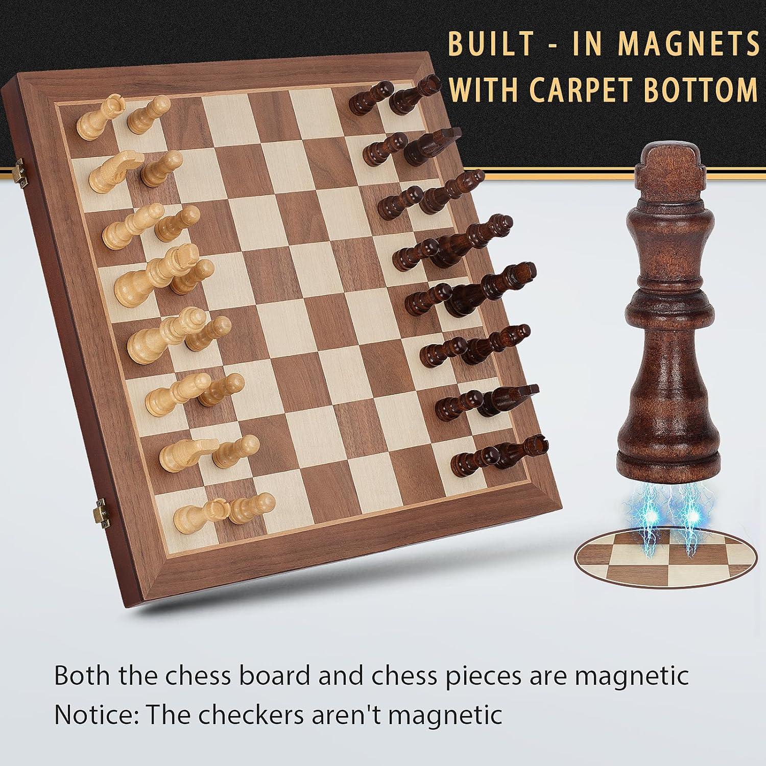 KiddiTouch 15 inch Magnetic Wooden Chess Set 2 in 1 Folding Chess Board Travel Chess Games for Adults and Kids-2 Extra Queen Pieces