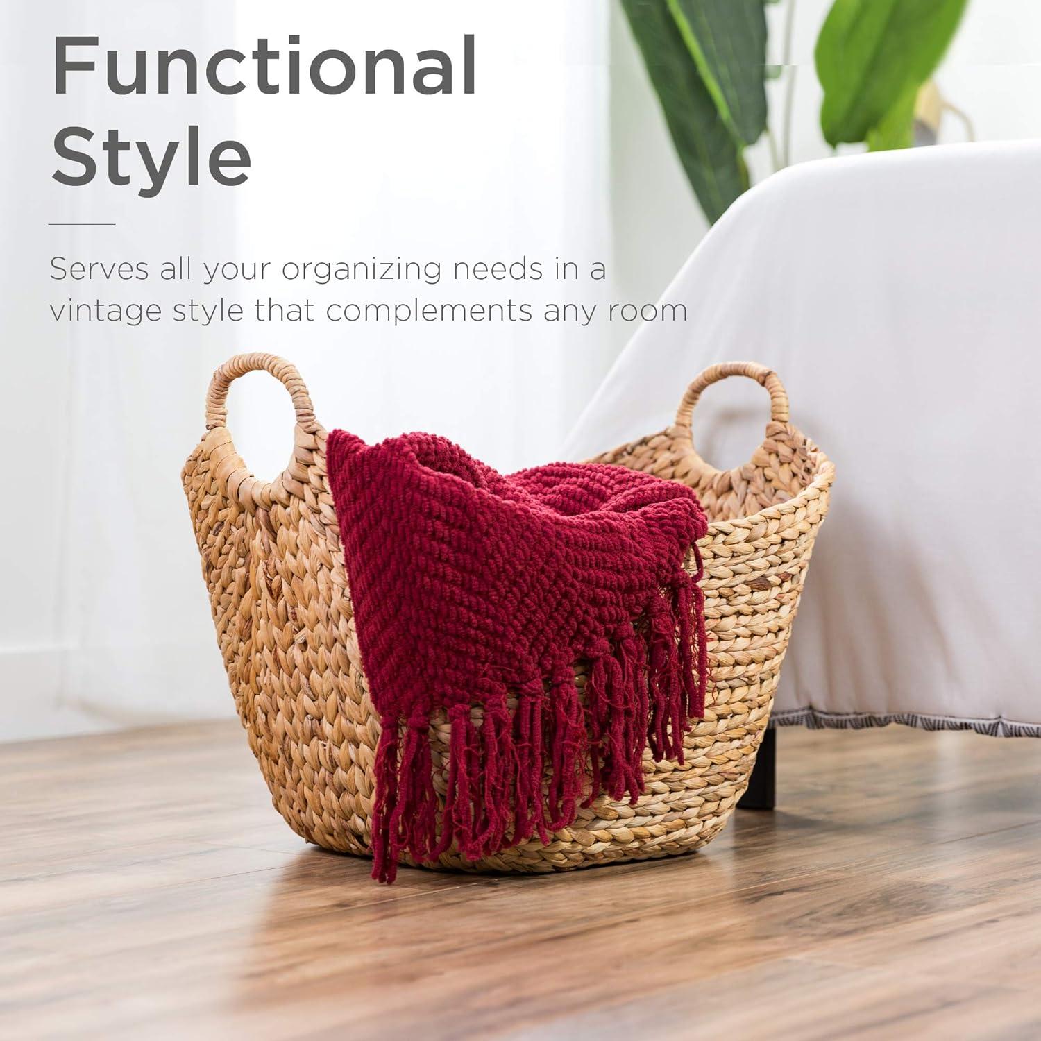 Large Vintage Laundry Basket Multipurpose Hyacinth  Basket  Handwoven French-Style Organizer Tote for Bedroom  Living Room  Bathroom  w/Handles - Natural