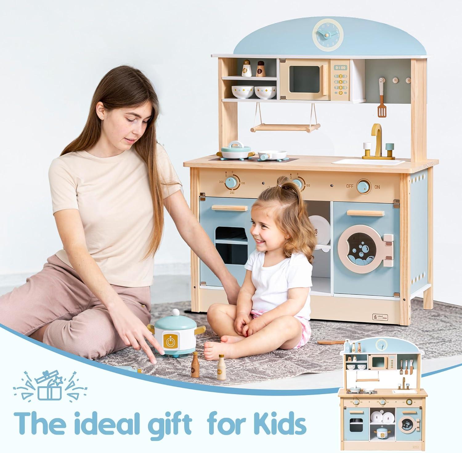 ROBUD Solid Wood Play Kitchen & Accessories Set, Preschool Kitchen Set, Kids Kitchen Playset