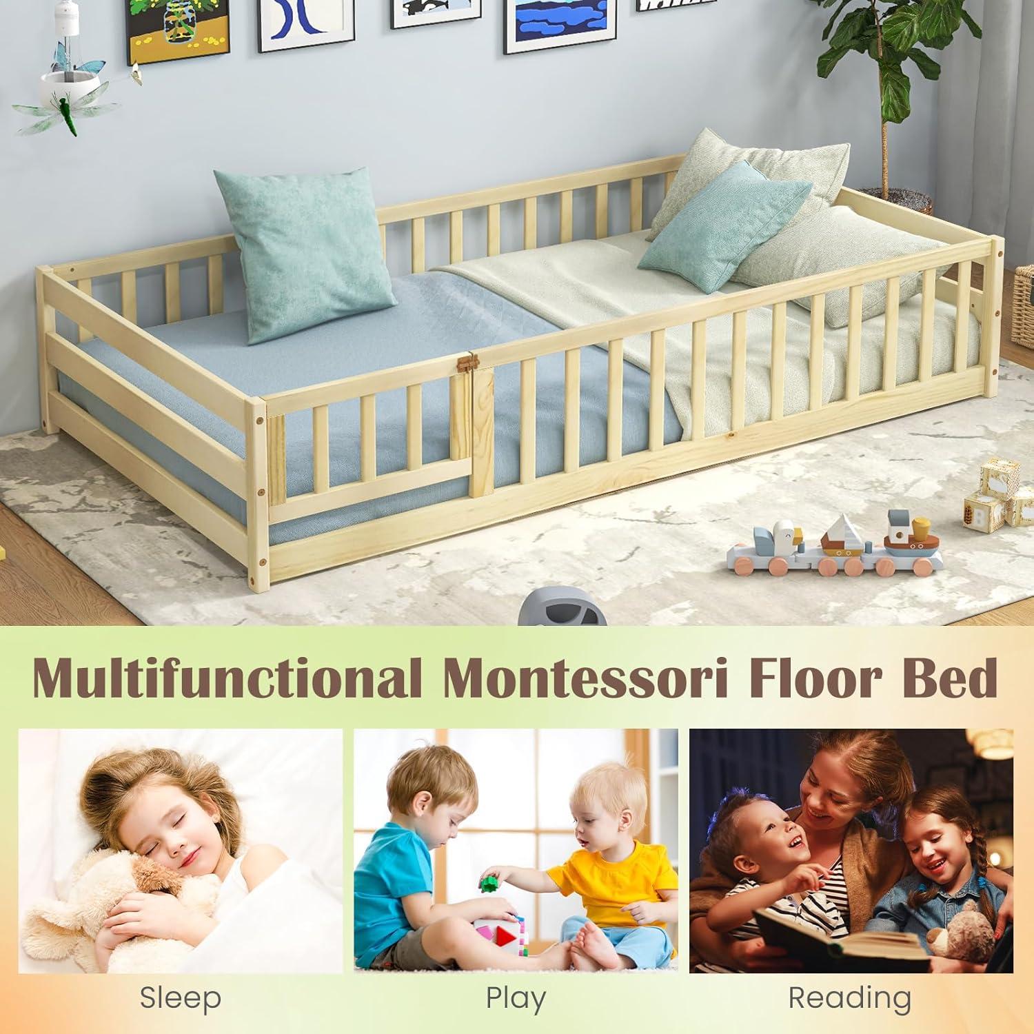 Giantex Twin Floor Bed with Door & Fence, Kids Wood Montessori Beds with Safety Guardrails, Floor Bed Twin for Kids, Boys, Girls, No Box Spring Needed, Natural