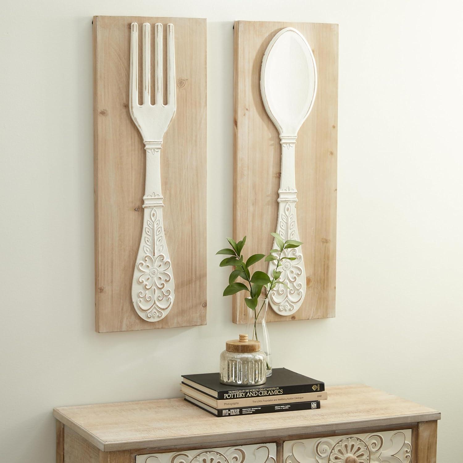DecMode Brown Wooden Utensils Wall Decor with Carved White Floral Designs (2 Count)