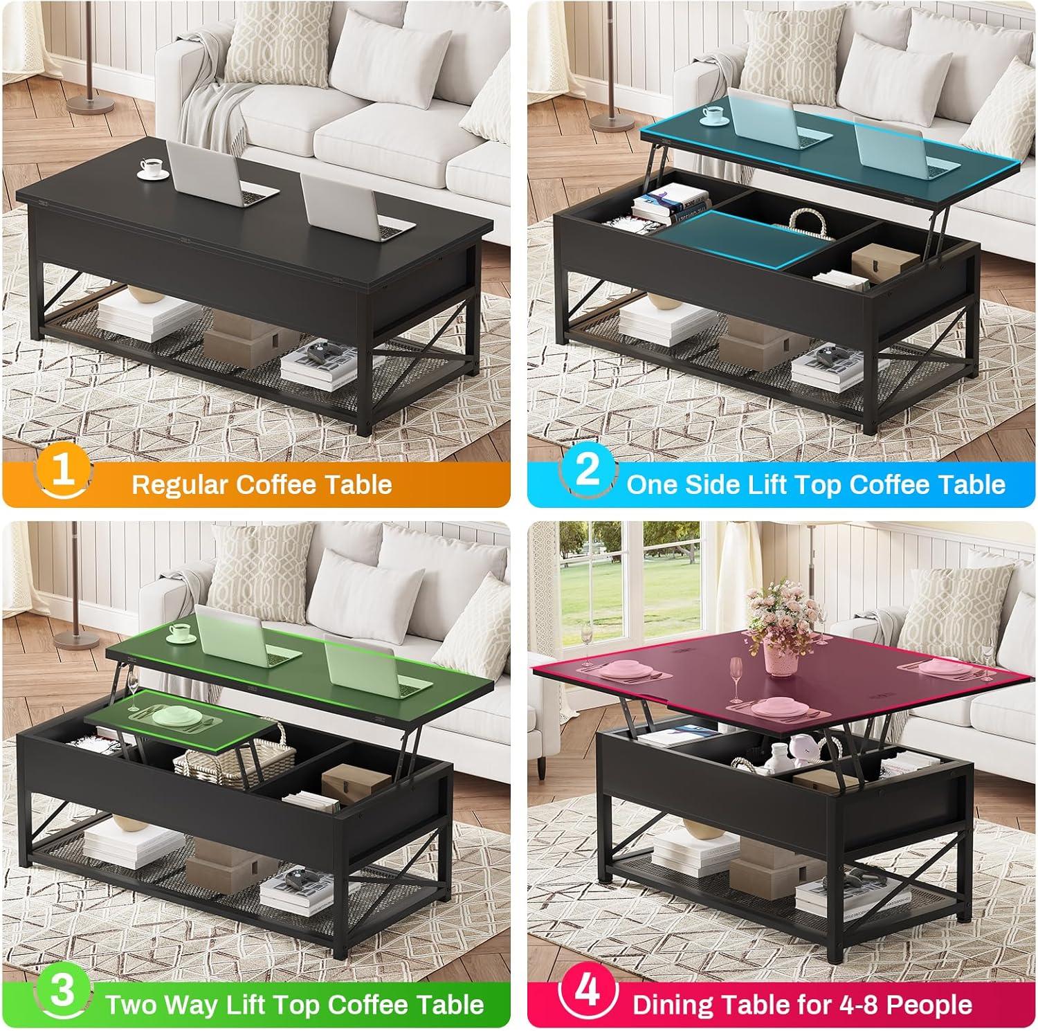 Lift Top Coffee Table, 4 in 1 Coffee Table with Storage for Living Room, Small Coffee Table with Hidden Compartment and Open Shelves for Dining Room, Black