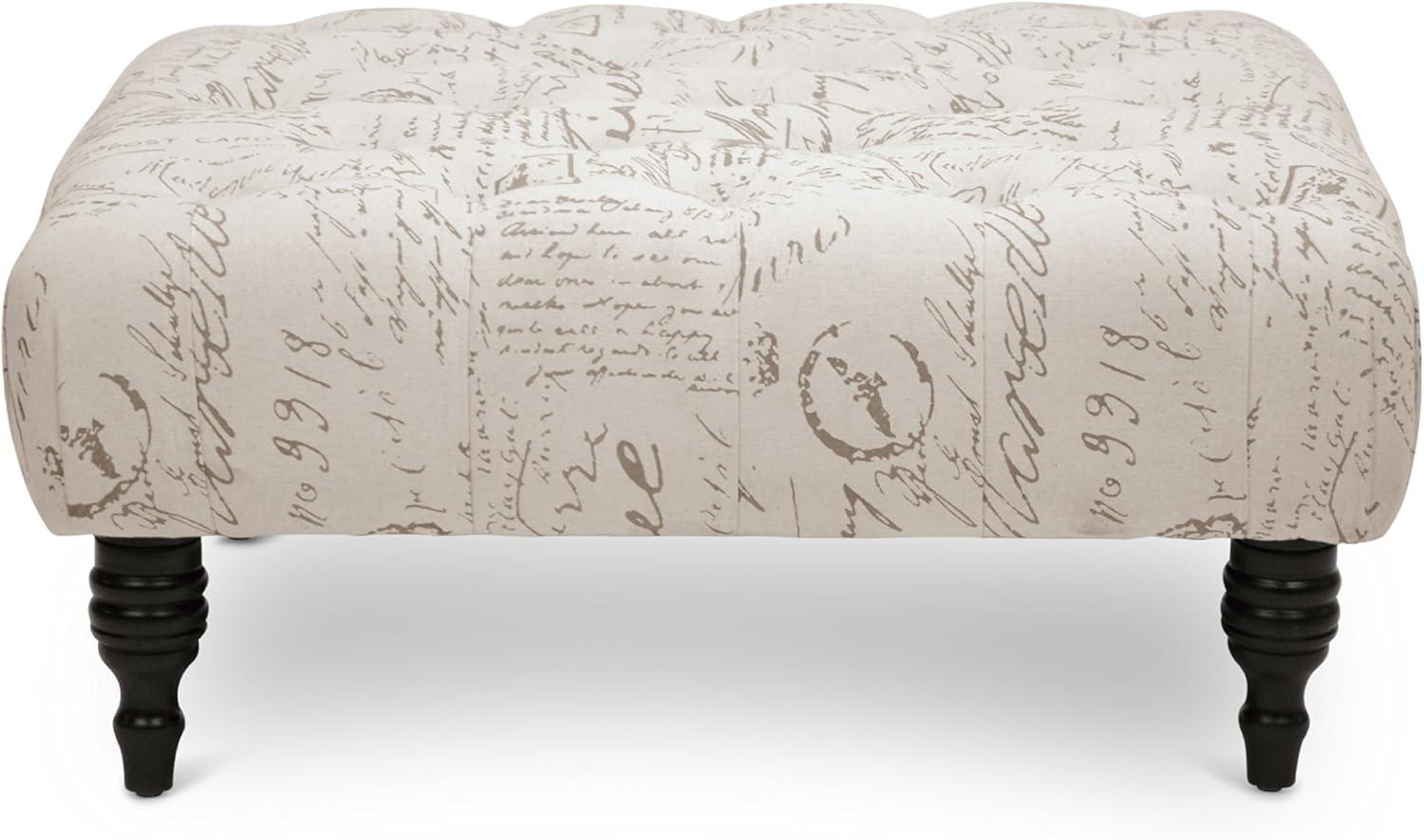 Keswick 35" Tufted Beige Script Print Ottoman with Wood Legs