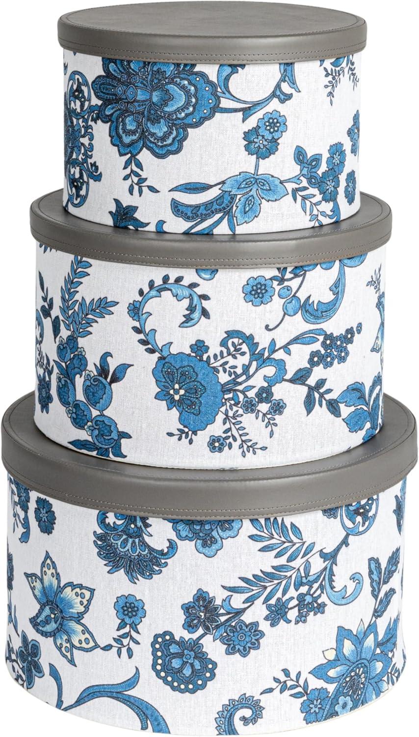 Floral Nestable Hat Boxes with Faux Leather Lids, Cream and Blue, Set of 3