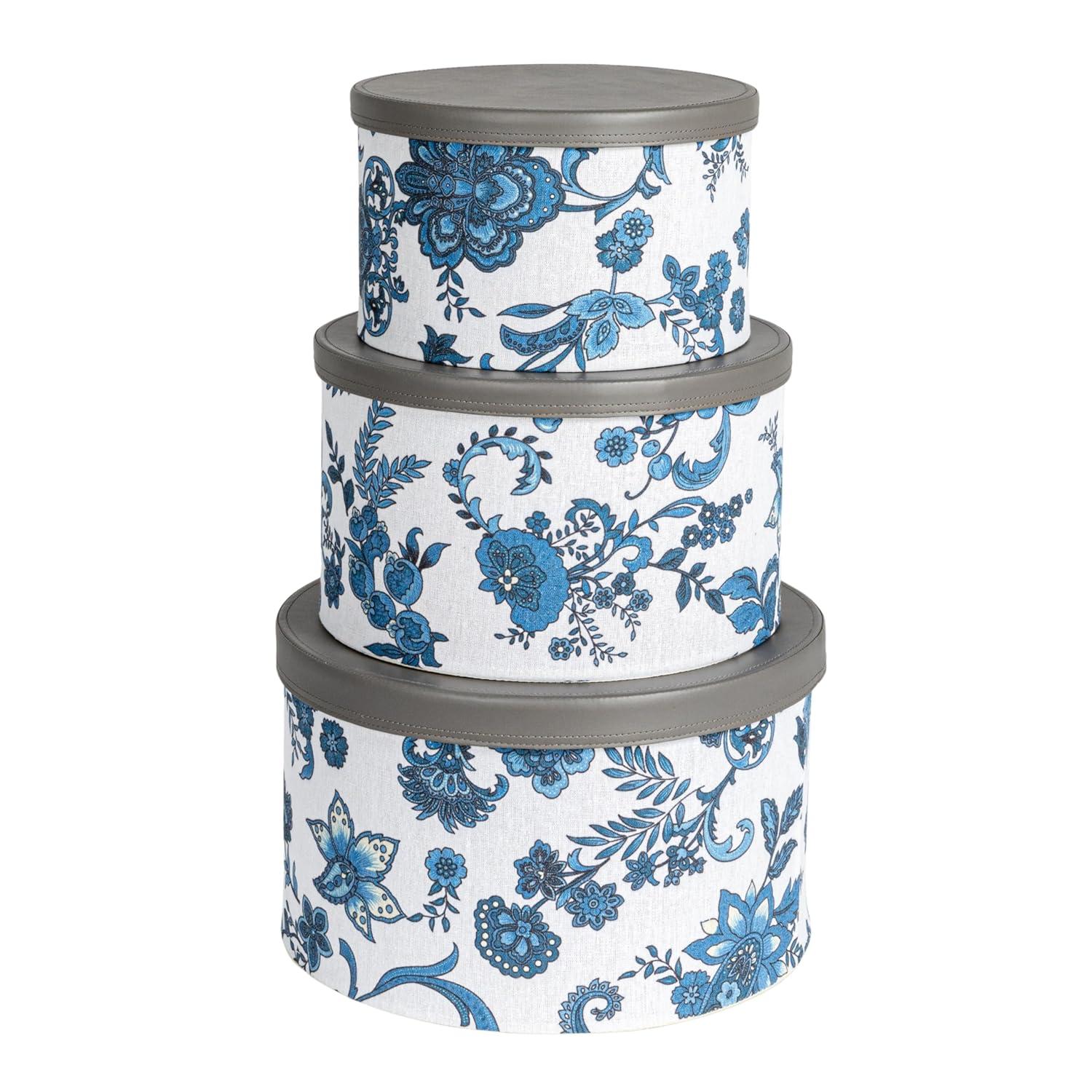 Floral Nestable Hat Boxes with Faux Leather Lids, Cream and Blue, Set of 3