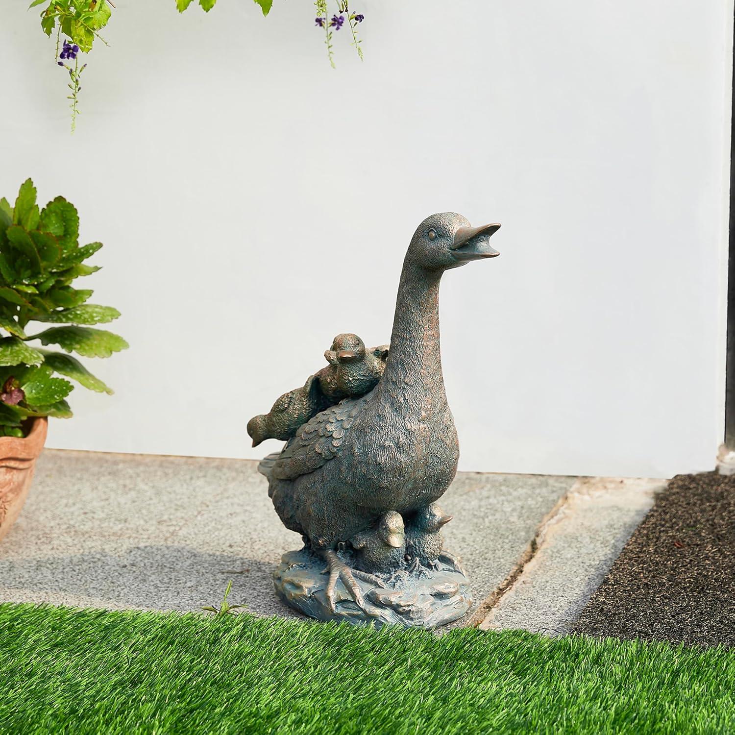 15" Aged Bronze Duck Family Garden Statue