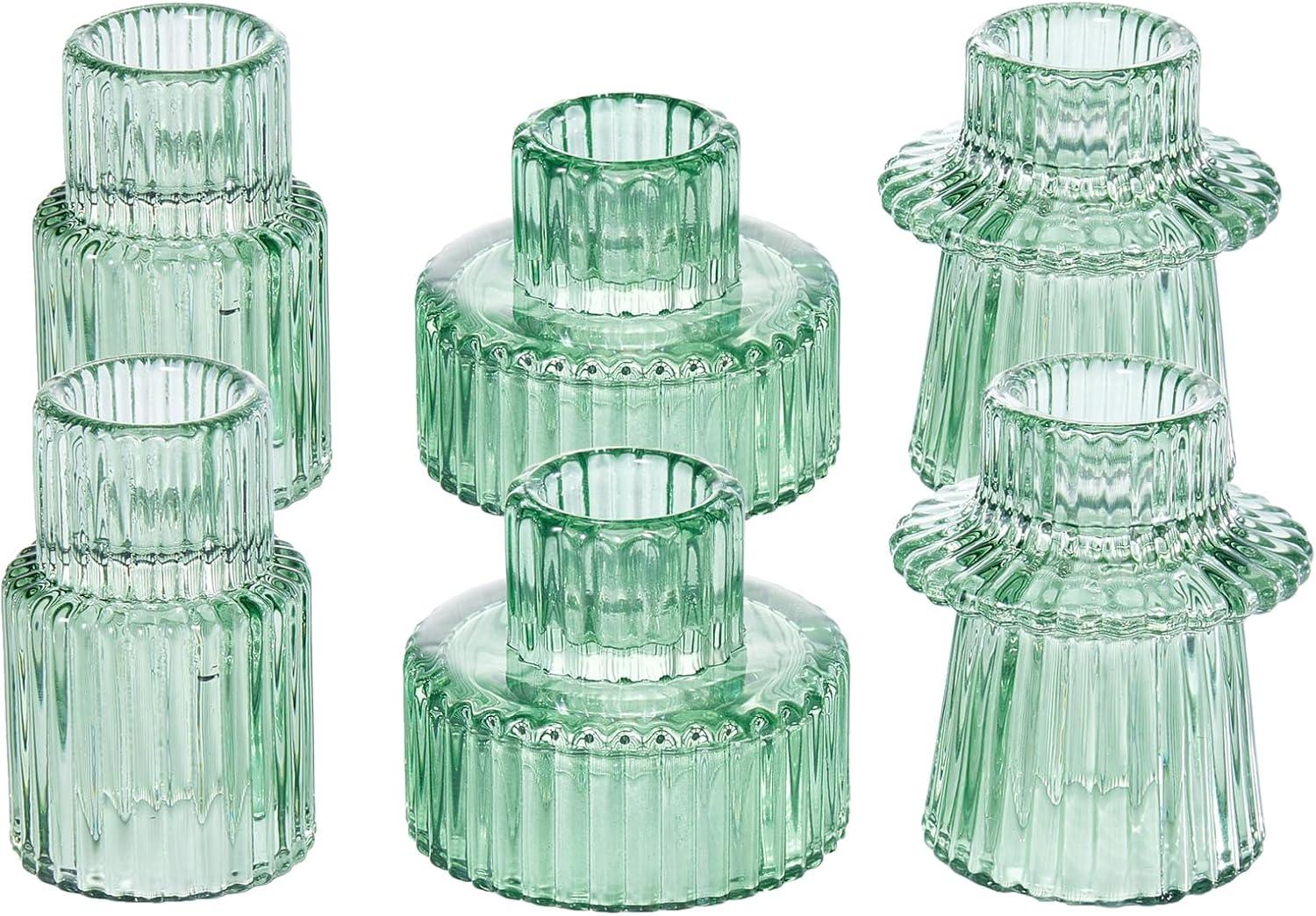 Taper Glass Candlestick Holders Tealight Candle Holders for Table Centerpieces, Wedding Decor and Dinner Party (6 Pcs, Green)