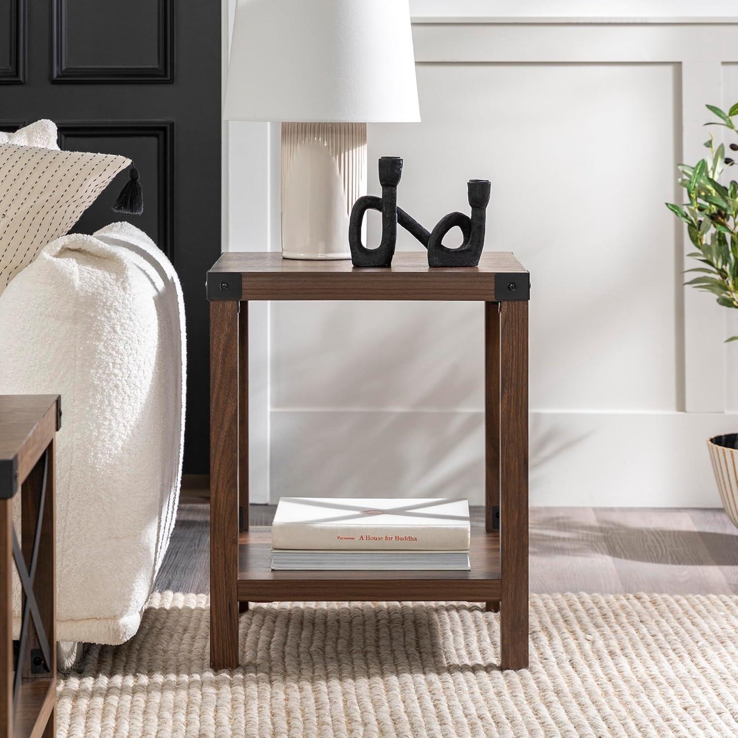 Walker Edison Magnolia Metal X End Table, Dark Walnut