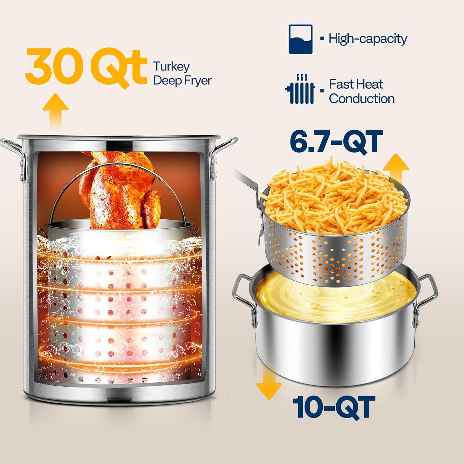 Outvita 30 Qt Turkey Deep Fryer & 10QT Fish Fryer Kit w/Baskets,Aluminum Fish & Seafood Boiler Steamer with 54,000 BTU Propane Gas Burner Stand Injector Thermometer Hose, Ideal for Outdoor Fry