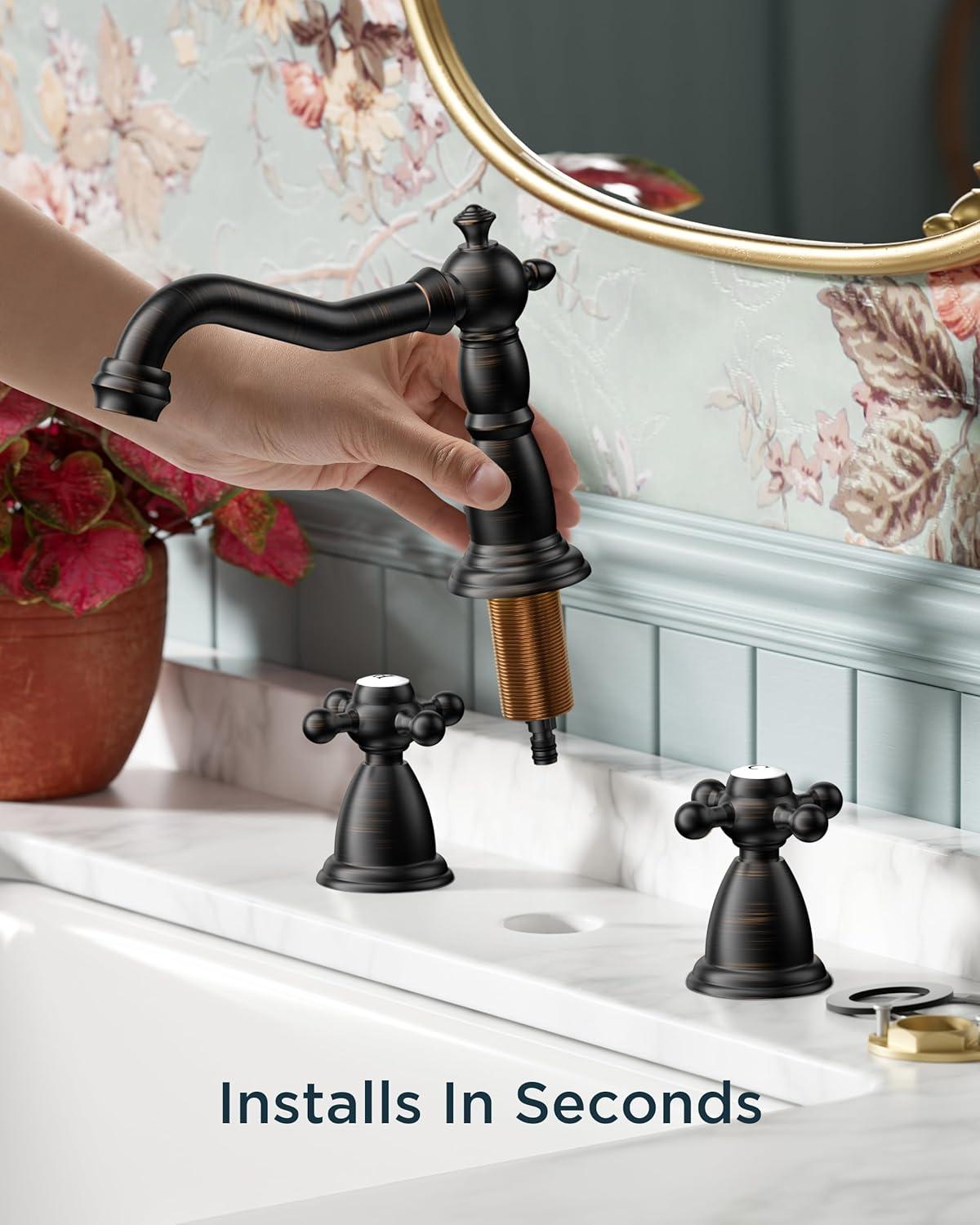 FORIOUS Vintage 3 Hole Bathroom Faucets Oil Rubbed Bronze, 2 Handle 8 Inch Widespread Antique Faucet for Bathroom Vanity RV Farmhosue Sink with Metal Pop Up Drain and Supply Lines