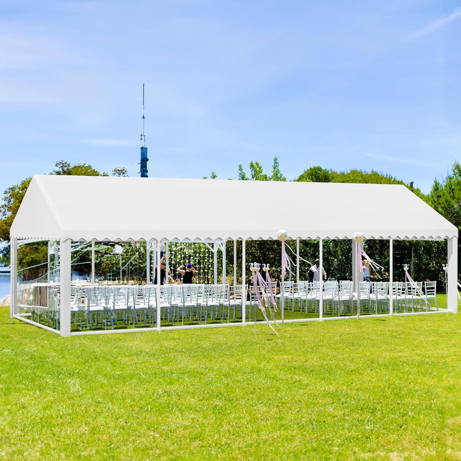 Dextrus 16x32FT Party Tent Heavy Duty PVC Wedding Event Shelters White Upgraded Galvanized Ripple Canopy with Large Roof Removable Sidewalls & 3 Storage Bags 600D Oxford Commercial
