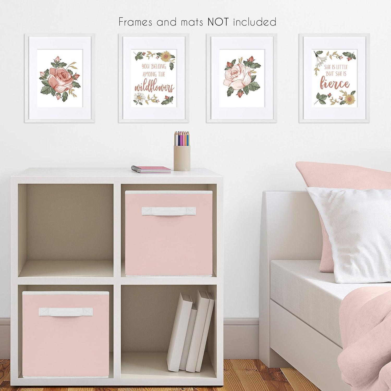 Sweet Jojo Designs Vintage Floral Boho Wall Art Prints Room Decor for Baby, Nursery, and Kids - Set of 4 - Blush Pink, Yellow, Green and White Shabby Chic Rose Flower Farmhouse Wildflower