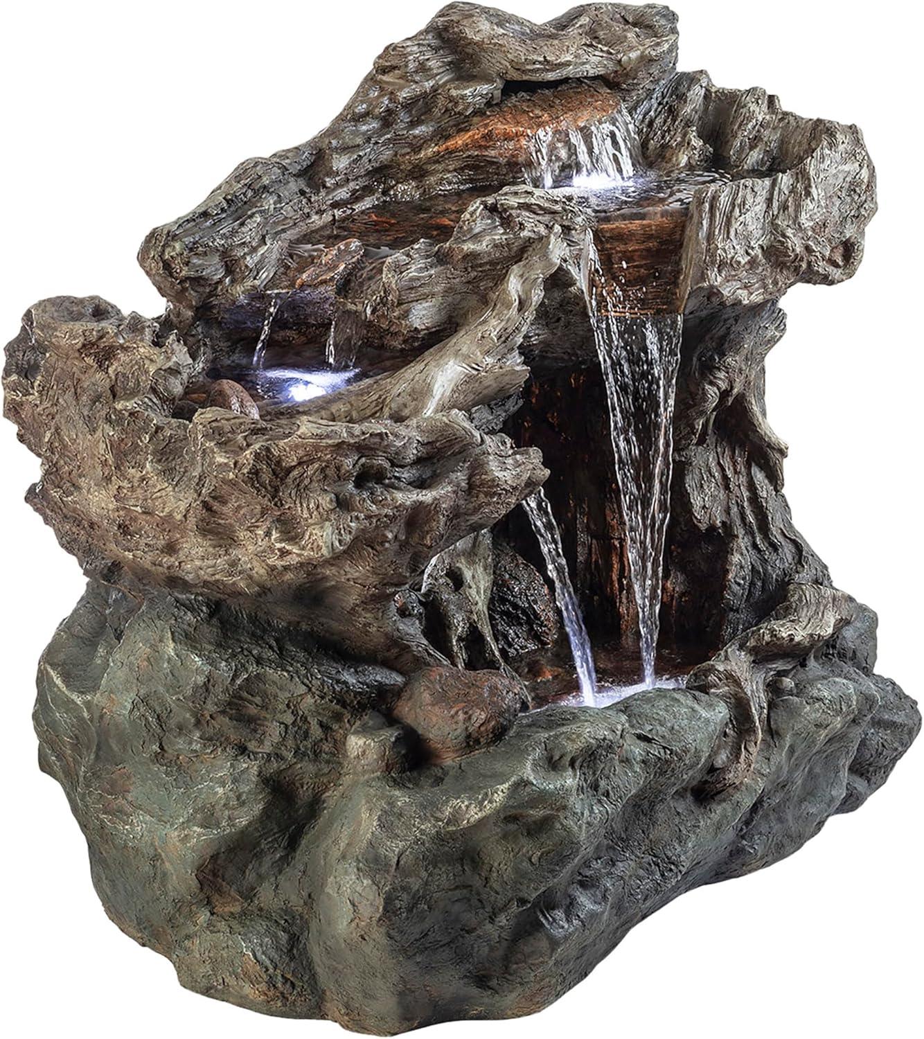 Alpine Corporation 40" x 23" x 30" Outdoor Polystone Light-Up Rainforest Plug-In Fountain, Brown
