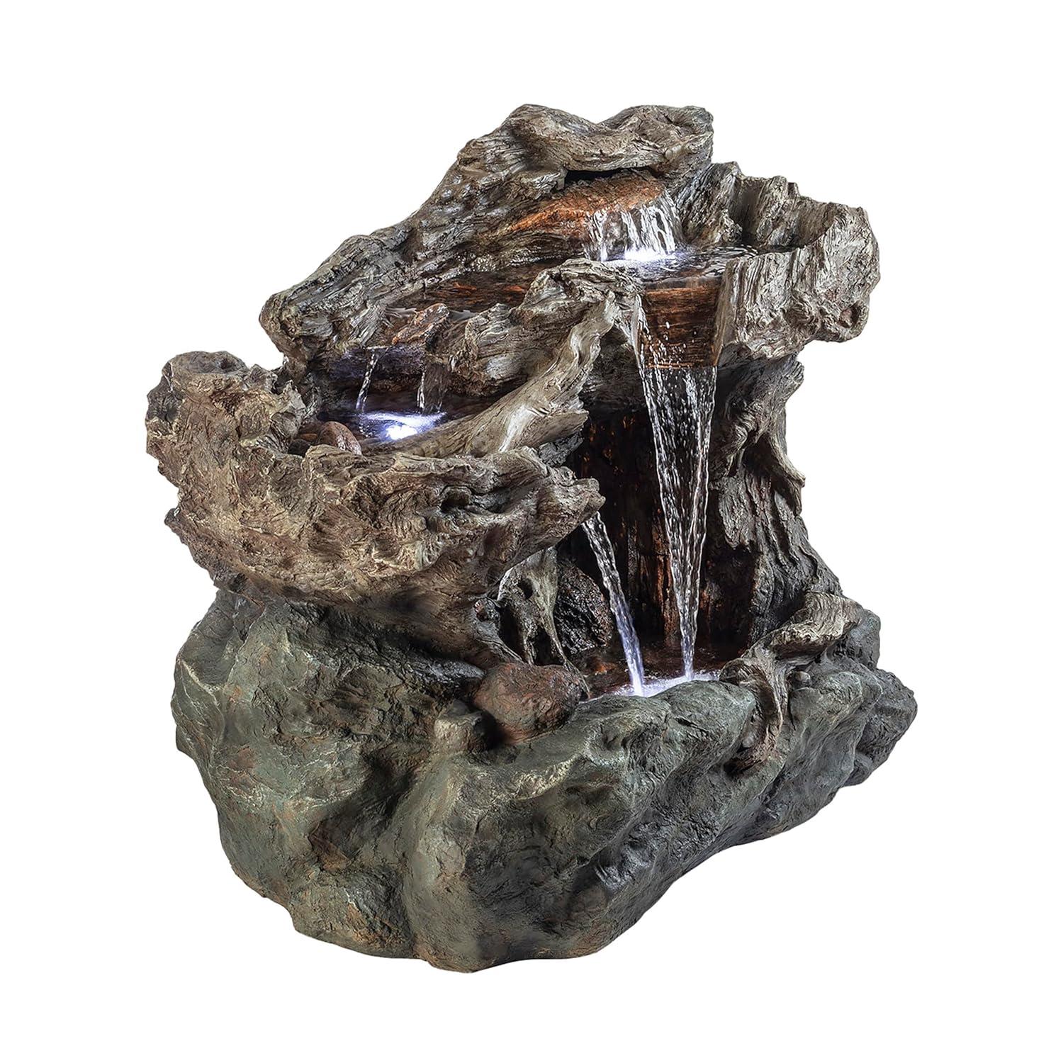 Alpine Corporation 40" x 23" x 30" Outdoor Polystone Light-Up Rainforest Plug-In Fountain, Brown