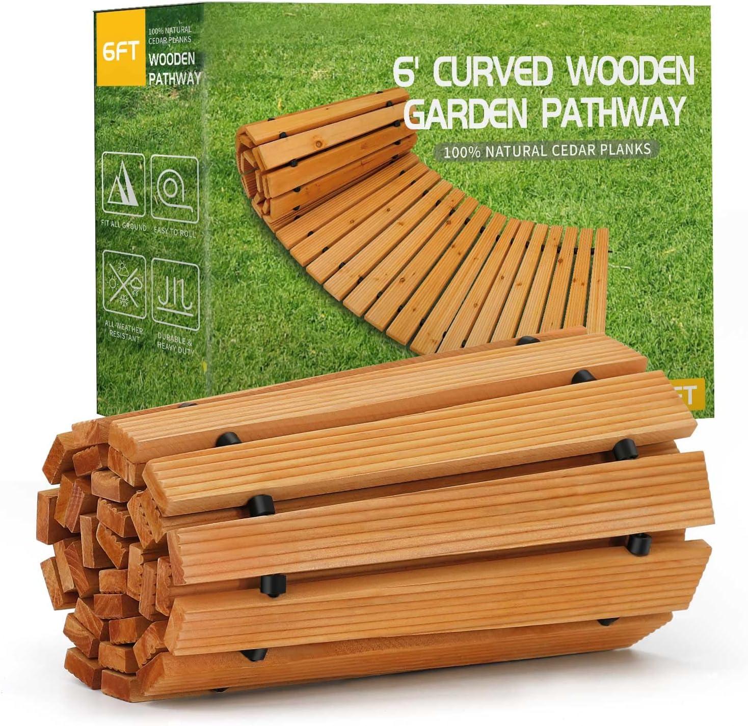RELIANCER 6' Wooden Garden Pathway,Outdoor Roll Out Cedar Curved Walkway,Patio Path Decorative Garden Boardwalk Walkways,Weather-Resistant Roll Up Beach Wood Road Floor,Wedding Party Pathways
