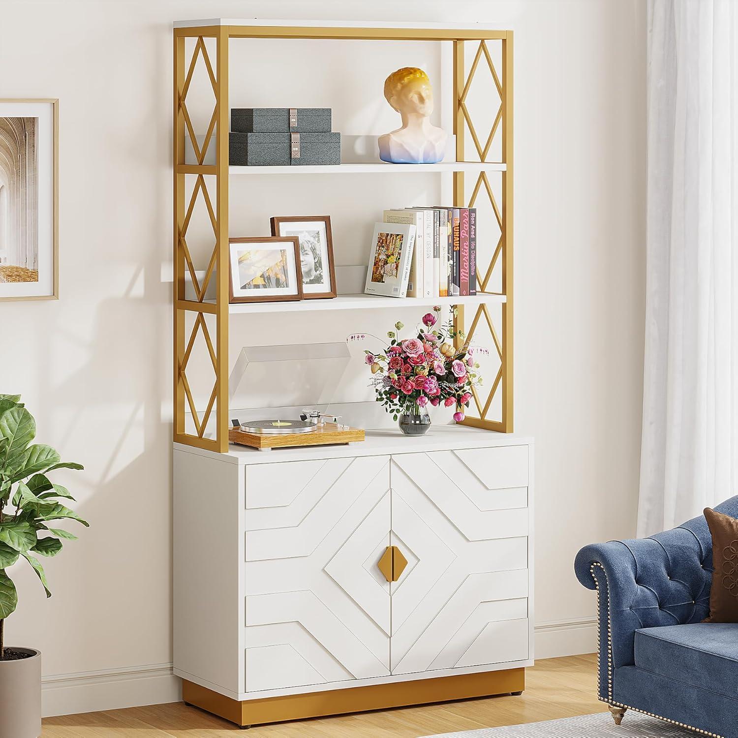 Tribesigns 71" Tall Etagere Bookcase with 3 Shelves 2 Cabinets, White and Gold Bookshelf with Doors, Modern Open Display Bookshelf for Living Room Bedroom Office