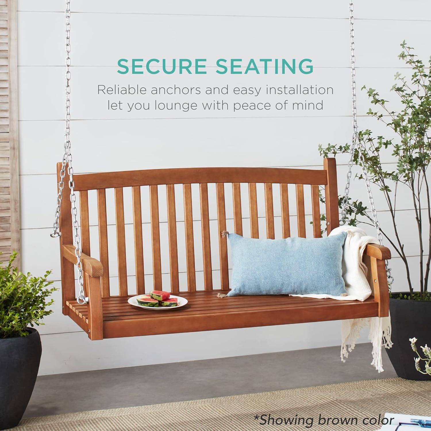 Best Choice Products 48in Wood Porch Swing Outdoor Patio Hanging Bench Chair w/ Mounting Chains, 500lb Capacity - White