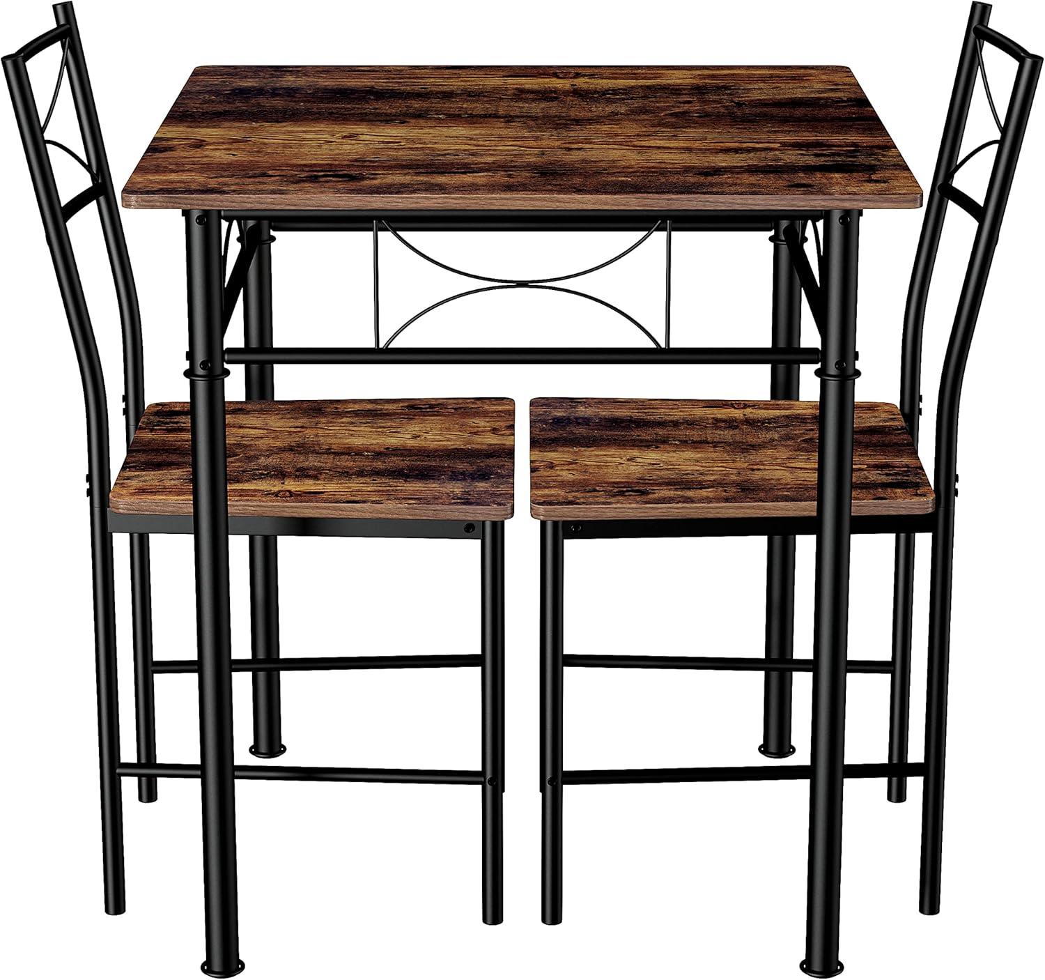 Rustic Brown Square MDF and Metal Dining Table Set with 2 Chairs