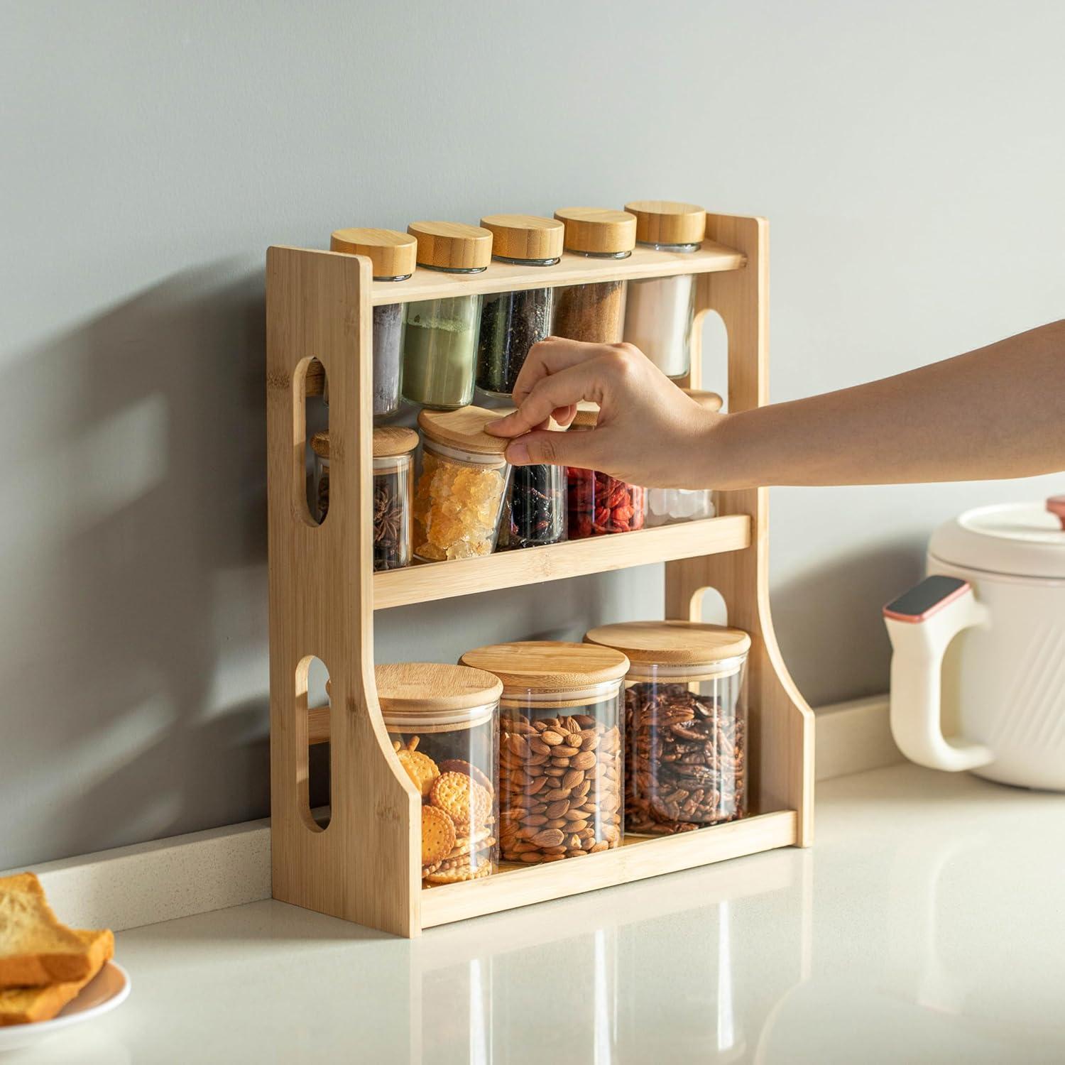 Basicwise Basicwise Versatile 3-tier Bamboo Spice Rack And Pantry Organizer With 13 Glass Jars – Perfect For Countertop Storage In Kitchens To Keep  Seasoning Containers Neatly Displayed And Easily Accessible