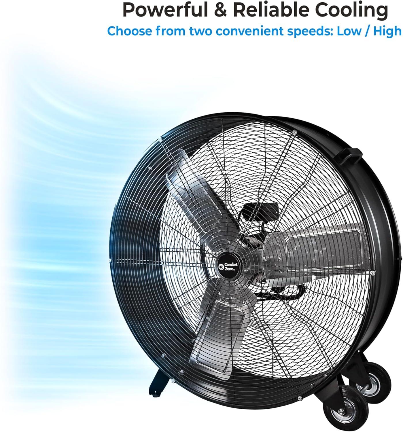 Comfort Zone 30-Inch 2-Speed High-Velocity Floor Fan with All-Metal Construction, Rubber Wheels, and Balanced Blades