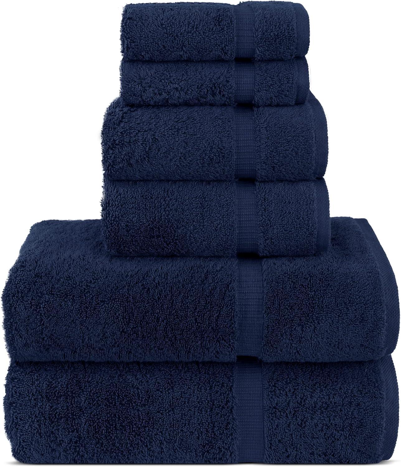 Luxury Hotel & Spa Quality, Quick Dry 100% Turkish Cotton, 700 GSM, Eco Friendly Towel, Bathroom and Kitchen Dobby Border Towels, 2-Bath Towel, 2-Hand Towel, 2-Washcloth (Bundle Set of 6, Navy Blue)