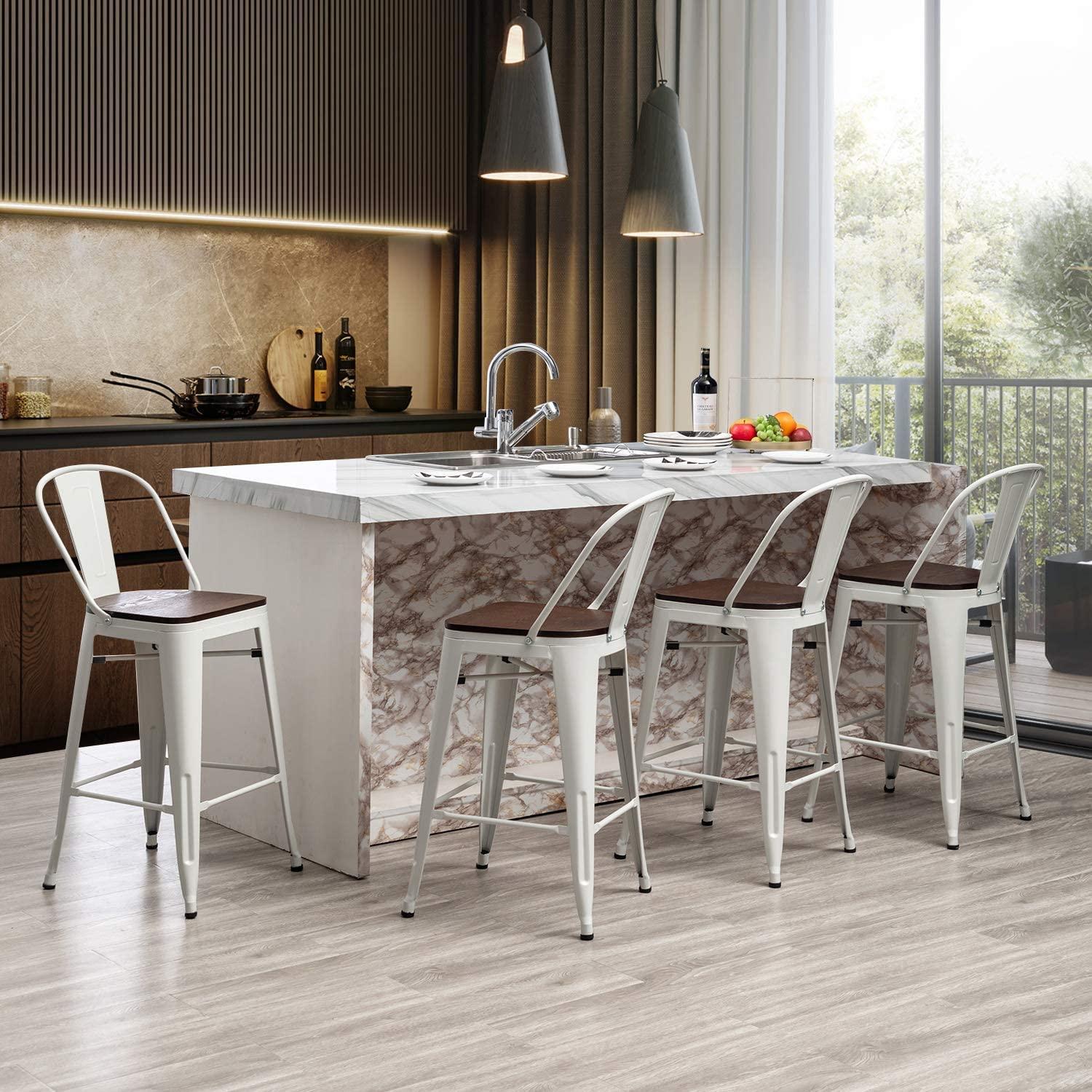Aklaus Metal Bar Stools Set of 4,24 inch Barstools Counter Height Bar Stool with Back Farmhouse Bar Stools with Larger seat High Back Kitchen Dining Chairs Modern Bar Chairs White Cream Stool