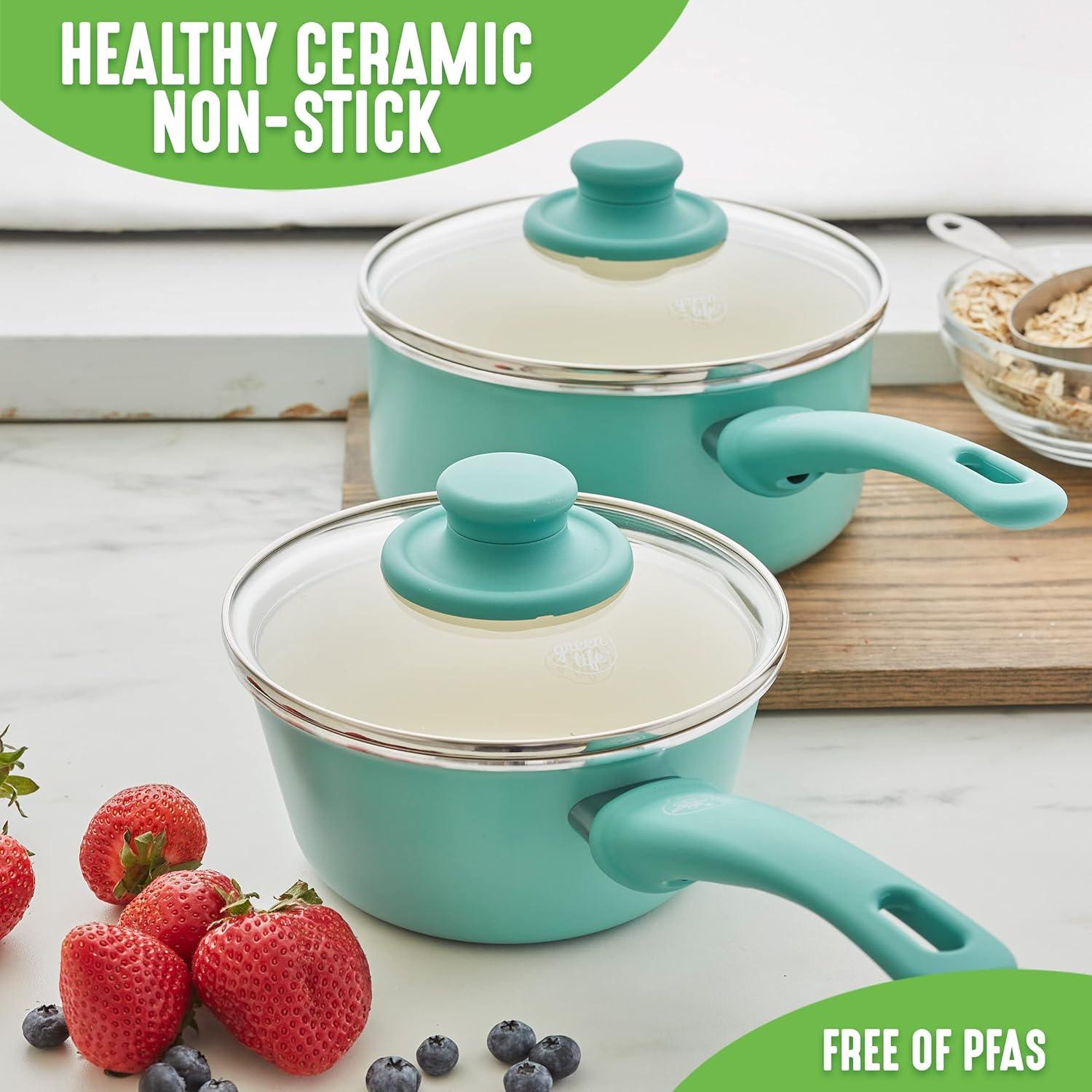 GreenLife GreenLife Soft Grip Healthy Ceramic Nonstick, 1QT And 2QT Saucepan Pot Set With Lids, Dishwasher Safe