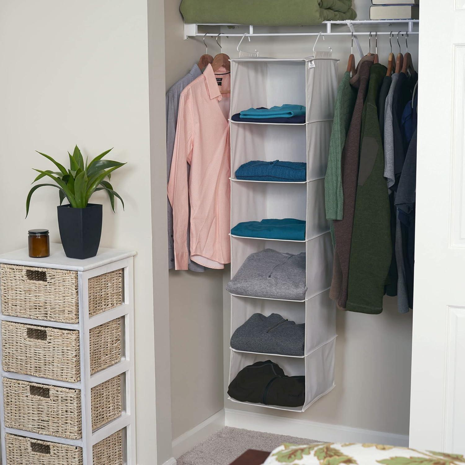 Compact Beige Cotton-Blend 6-Shelf Hanging Closet Organizer with Drawer