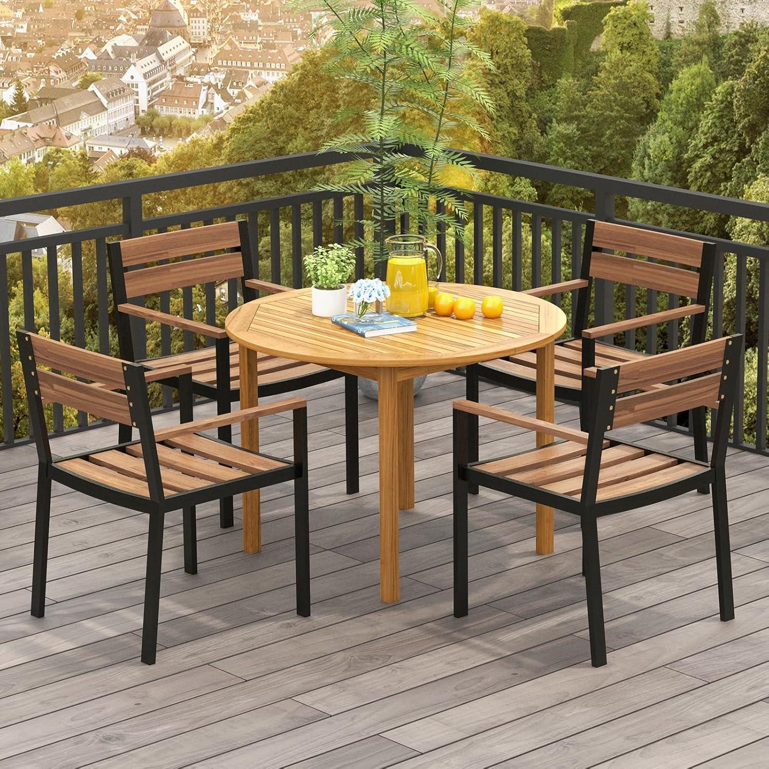Costway Patio Dining Table Acacia Wood Round Outdoor Bistro Table 4-Person for Deck Lawn