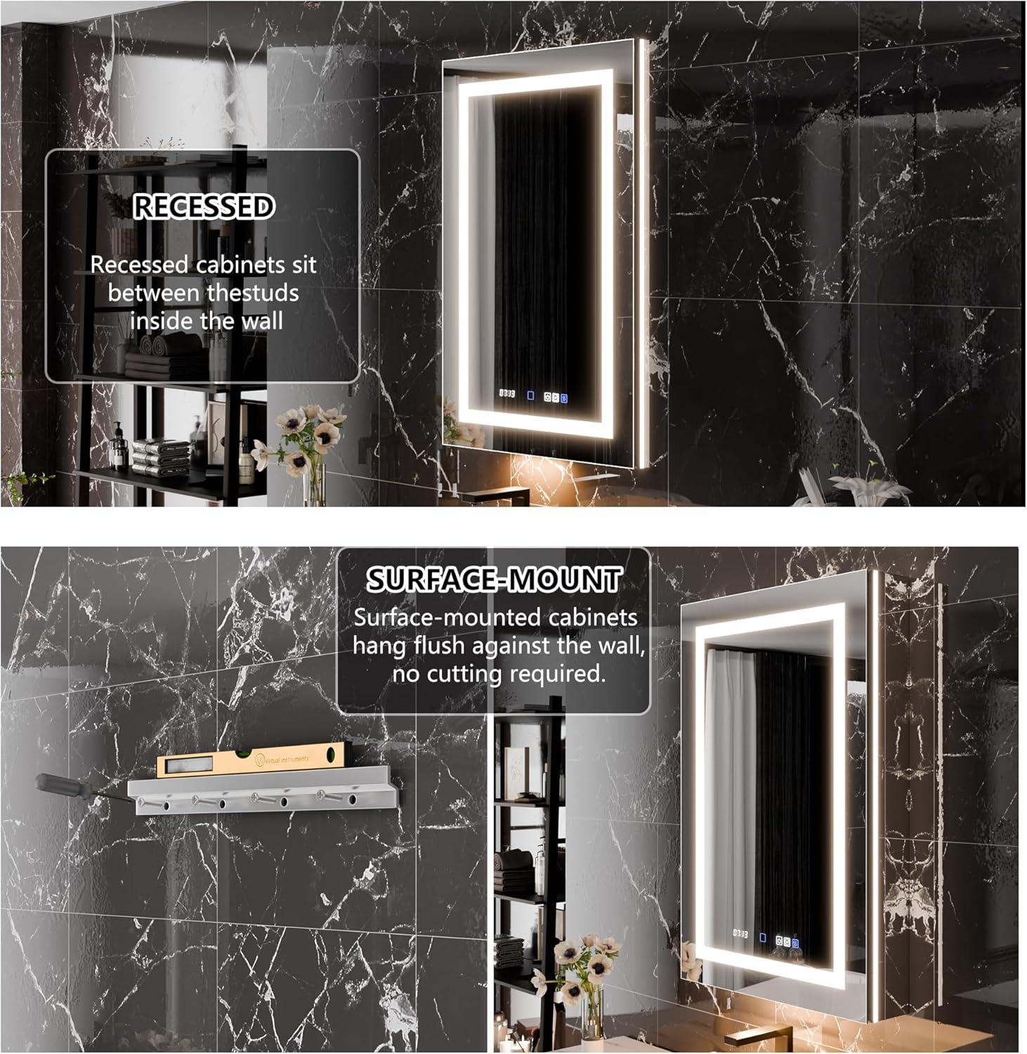 MEDUNJESS 72''x36'' Surface or Recessed Mount LED Medicine Cabinet with Mirror and Defogger 3 doors Medicine Cabinet