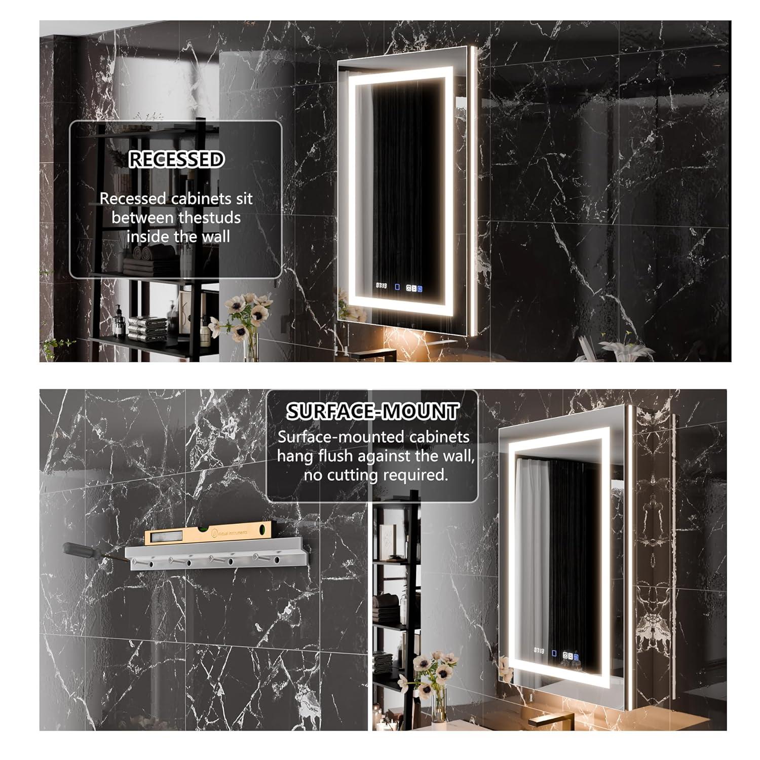 MEDUNJESS 72''x36'' Surface or Recessed Mount LED Medicine Cabinet with Mirror and Defogger 3 doors Medicine Cabinet