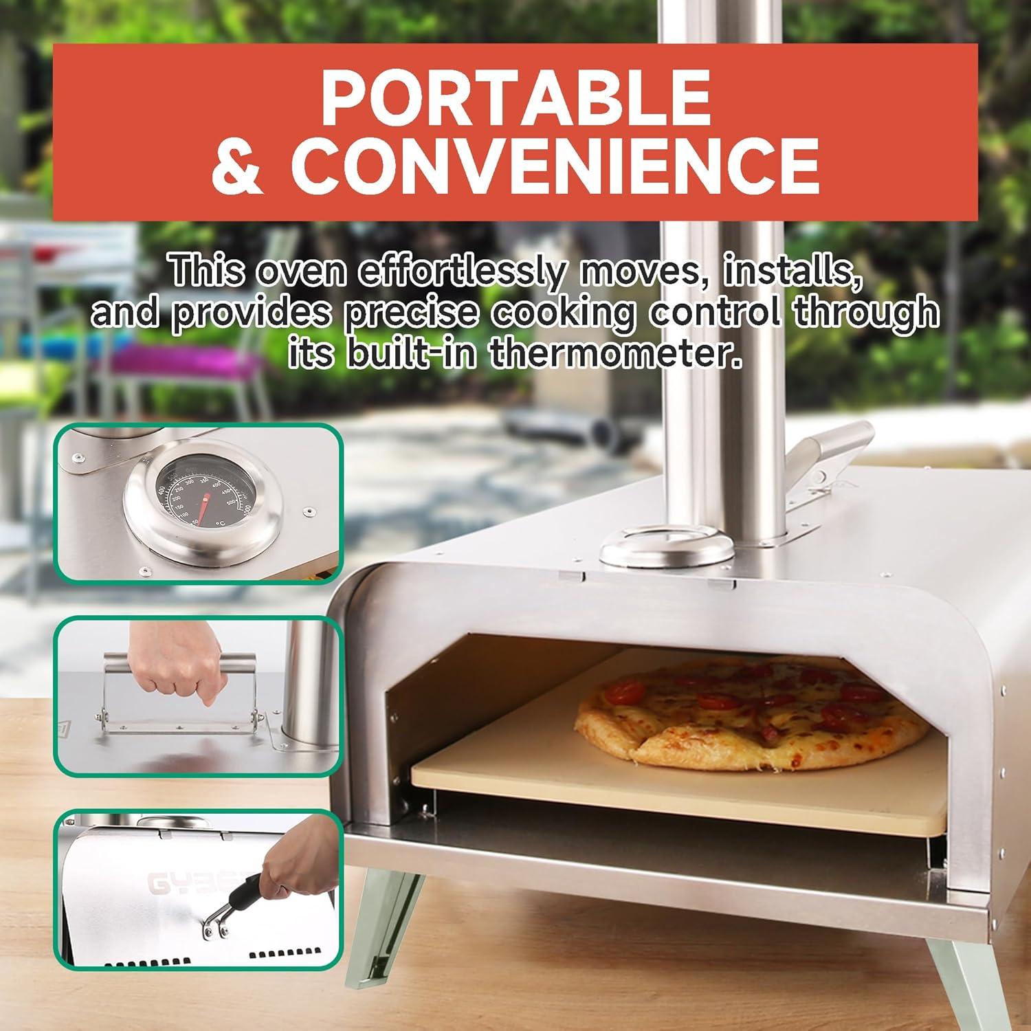 GYBER Fremont Outdoor Pizza Oven Portable 13" Stainless Steel Backyard Grill Wood Pellet and Charcoal Fired Pizza Maker for Outdoor Cooking with Pizza Stone, Built-in Thermometer, Pizza Peel