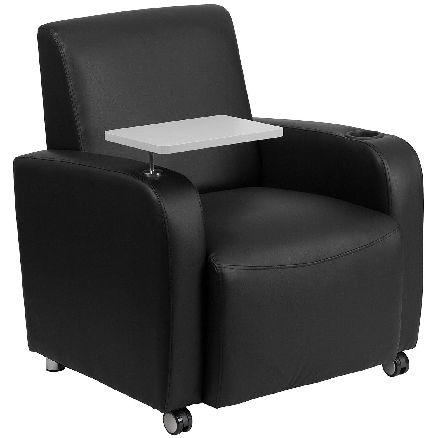 Emma and Oliver Black LeatherSoft Tablet Arm Chair, Front Wheel Casters and Cup Holder