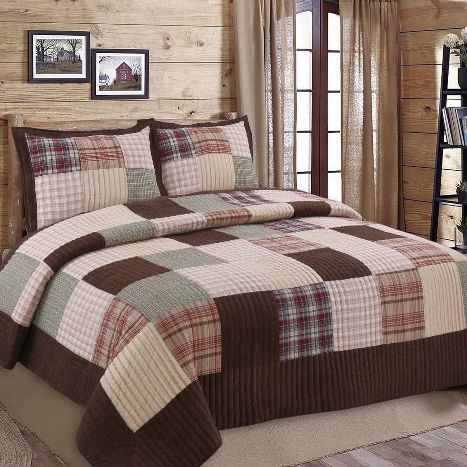 Twin Brown Cotton Reversible Patchwork Quilt Set