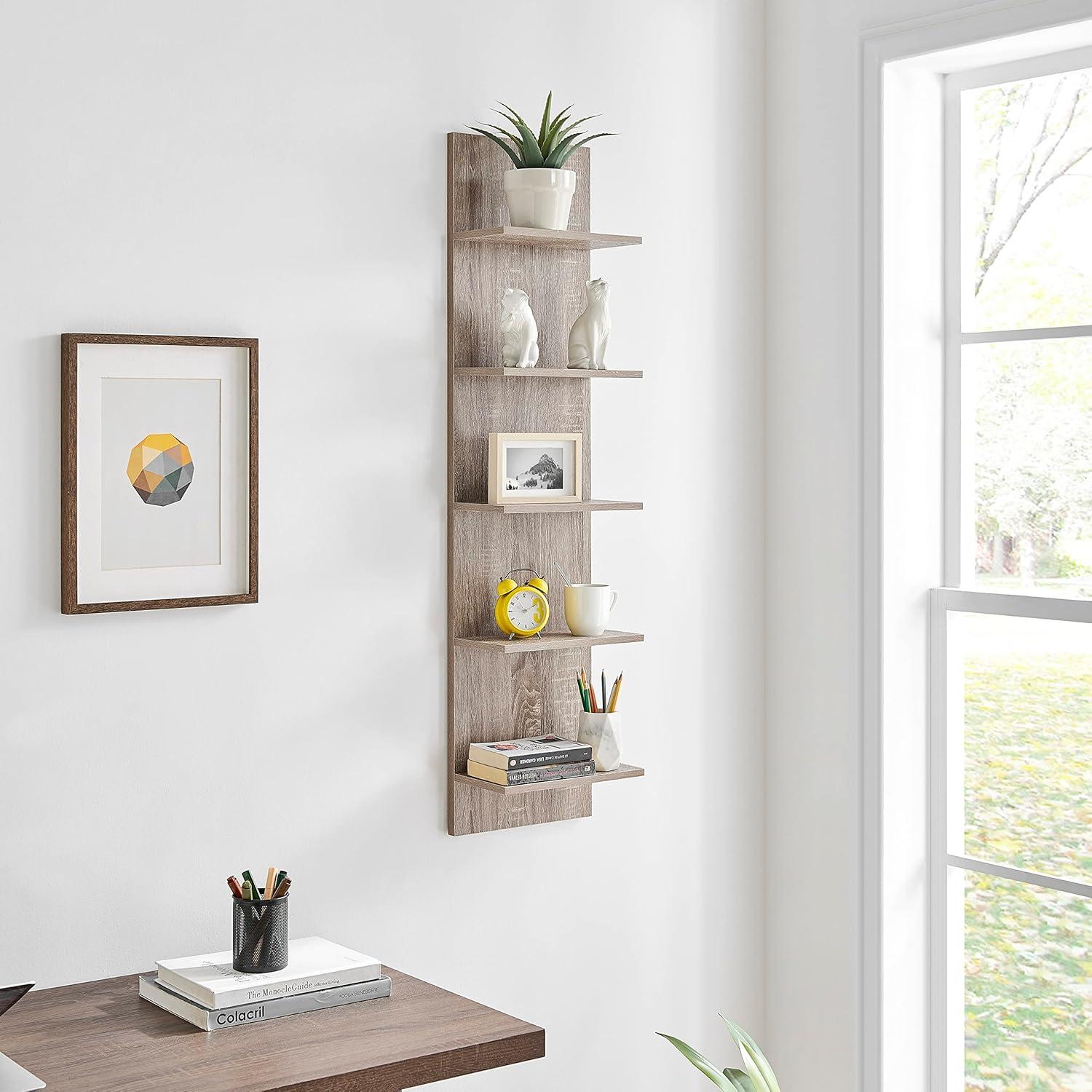 Danya B. 47" x 11.7" Wide Vertical Column Wall Shelf Weathered Oak: Mid-Century Laminated MDF, Iron Hardware