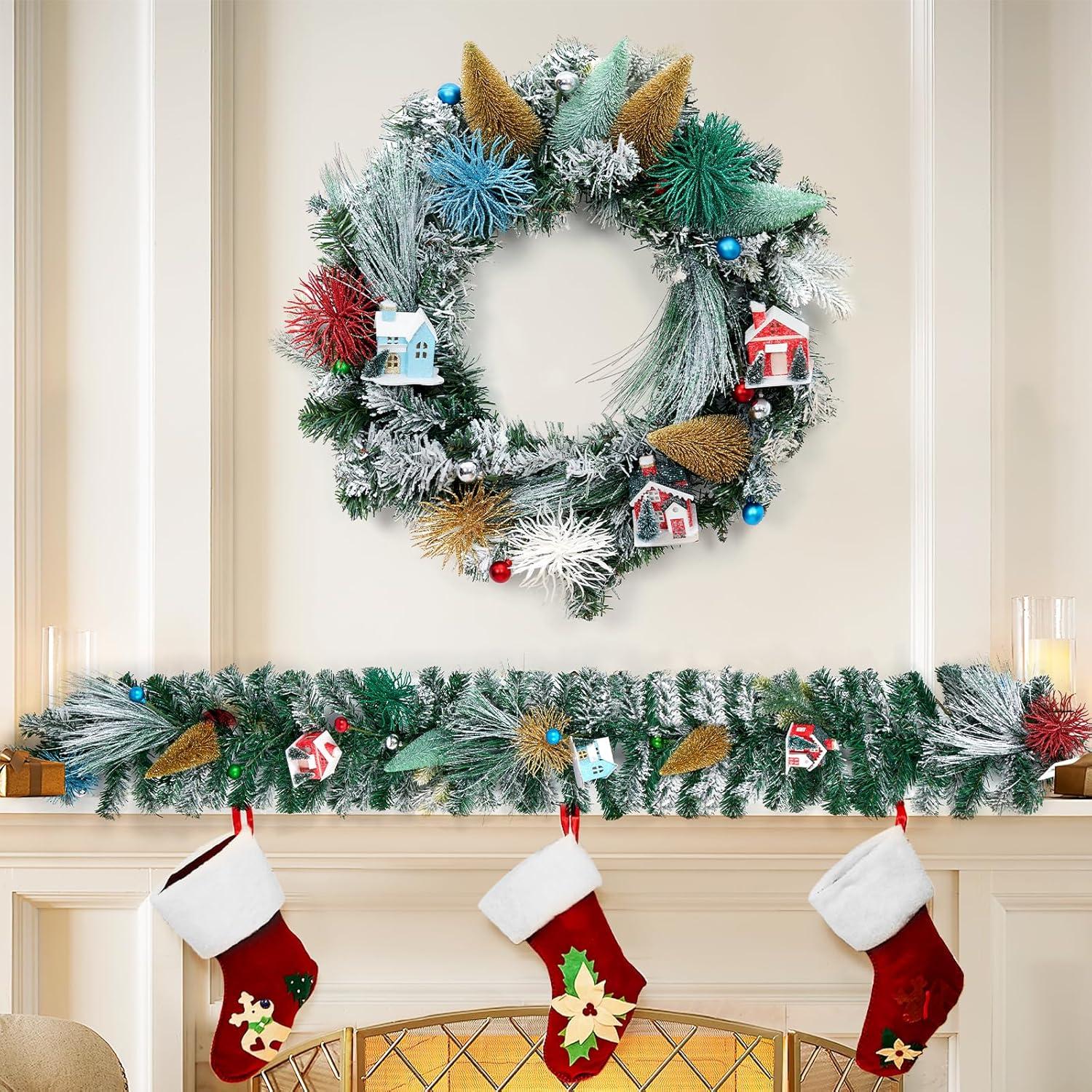 24 Inch Christmas Wreaths for Front Door, Xmas Village Wreath with Tree and Little House Decorations