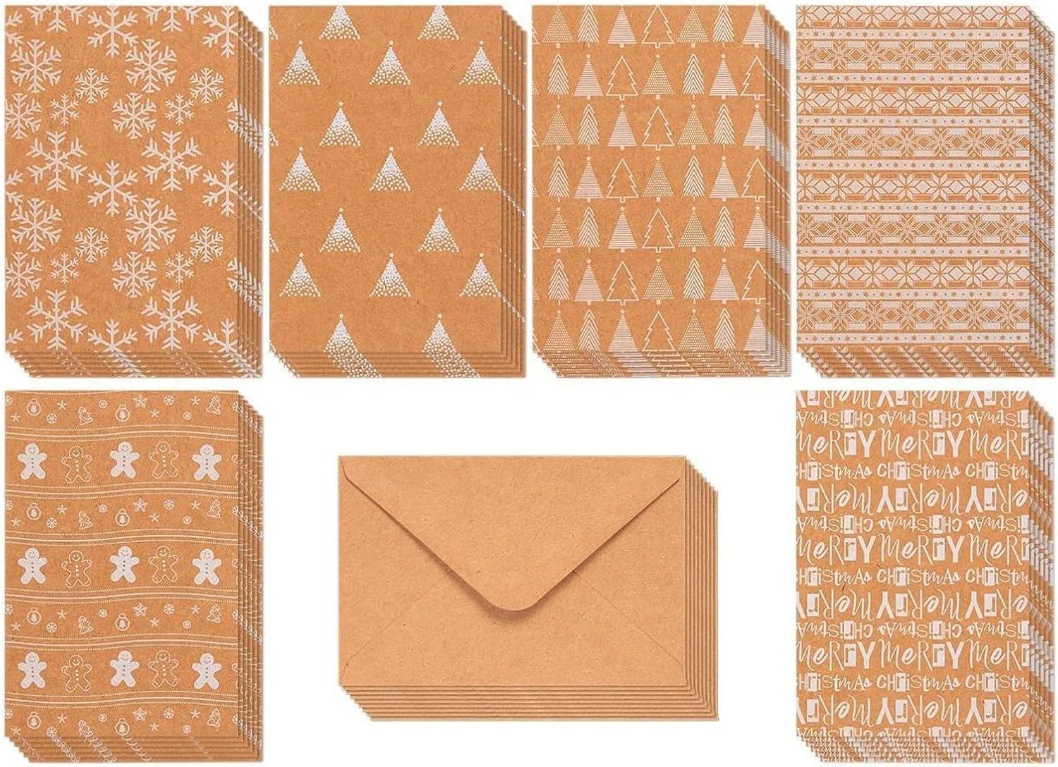 BEST PAPER GREETINGS 36 Pack Kraft Cute Christmas Greeting Cards with Envelopes, 4x6 Bulk Holiday Note Cards for Winter Holiday Xmas Season, 6 White Print Festive Designs