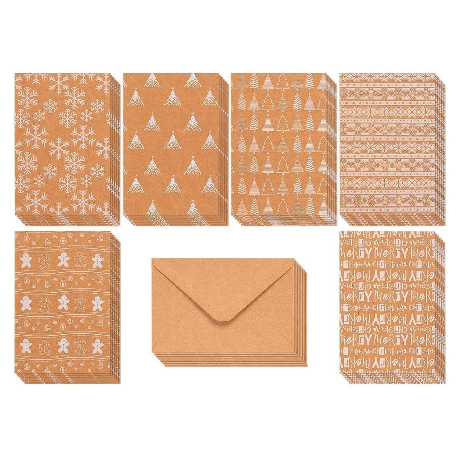 BEST PAPER GREETINGS 36 Pack Kraft Cute Christmas Greeting Cards with Envelopes, 4x6 Bulk Holiday Note Cards for Winter Holiday Xmas Season, 6 White Print Festive Designs